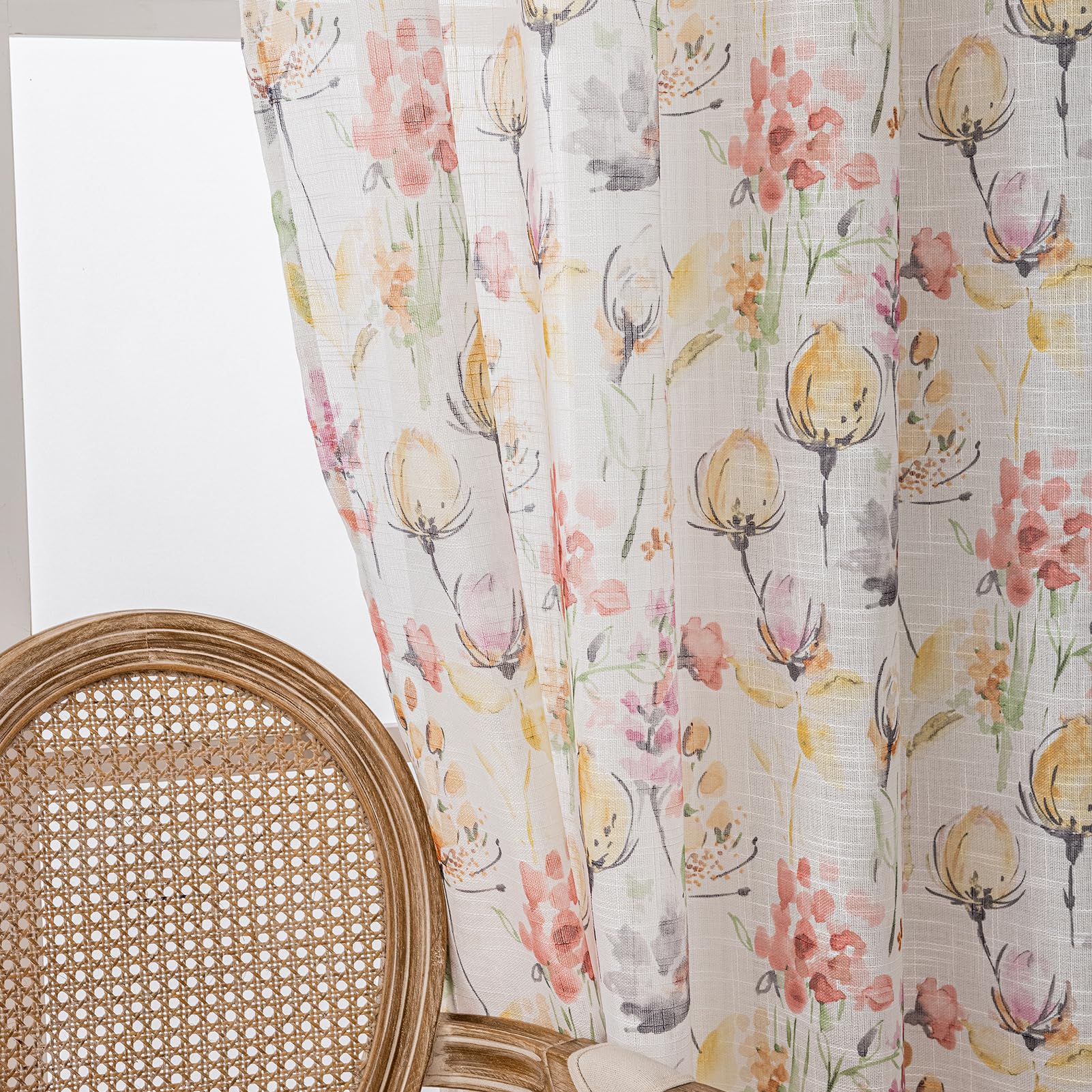 SUOUO Blue Leaf Semi Sheer White Curtains for Bedroom Dining Living Room Linen Textured 84 inches Long Rod Pocket Boho Window Drapes 2 Panels