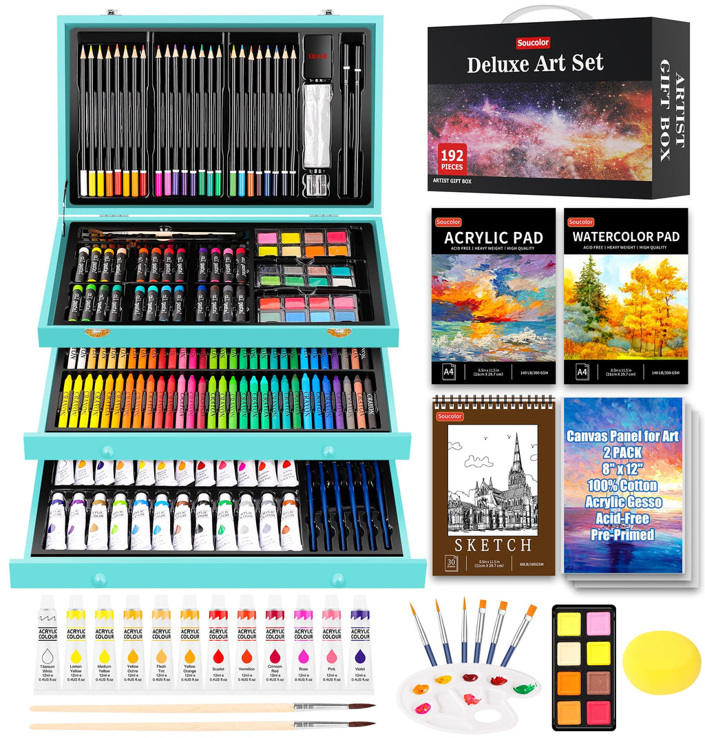 Soucolor Art Supplies, 192-Pack Deluxe Art Set Drawing Painting Supplies Kit with Acrylic Pad, Watercolor Pad, Sketch Book, Canvases, Acrylic Paint, Crayons, Pencils, Gifts for Artist Adults Teen Kids