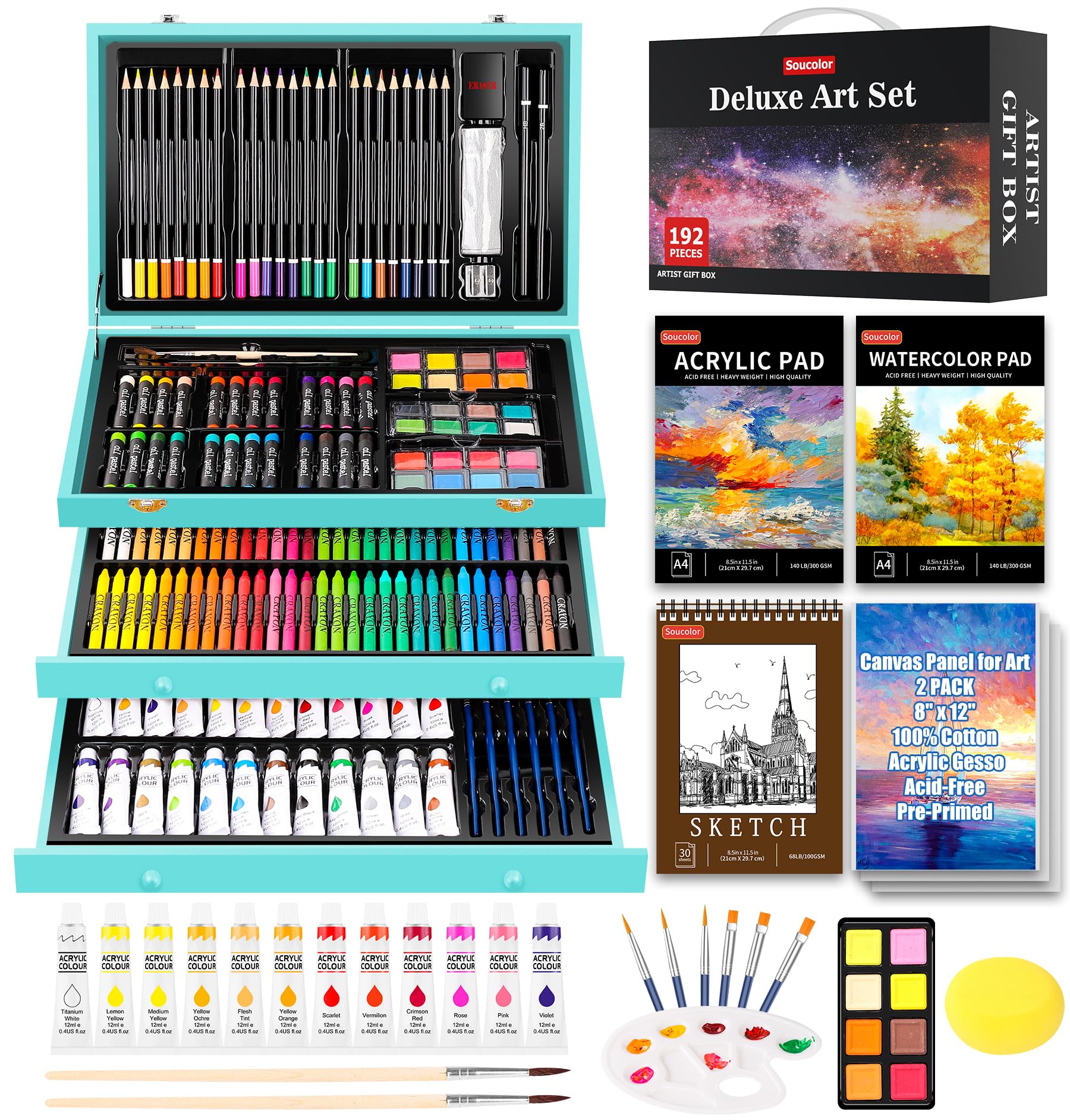 Soucolor Art Supplies, 192-Pack Deluxe Art Set Drawing Painting Supplies Kit with Acrylic Pad, Watercolor Pad, Sketch Book, Canvases, Acrylic Paint, Crayons, Pencils, Gifts for Artist Adults Teen Kids
