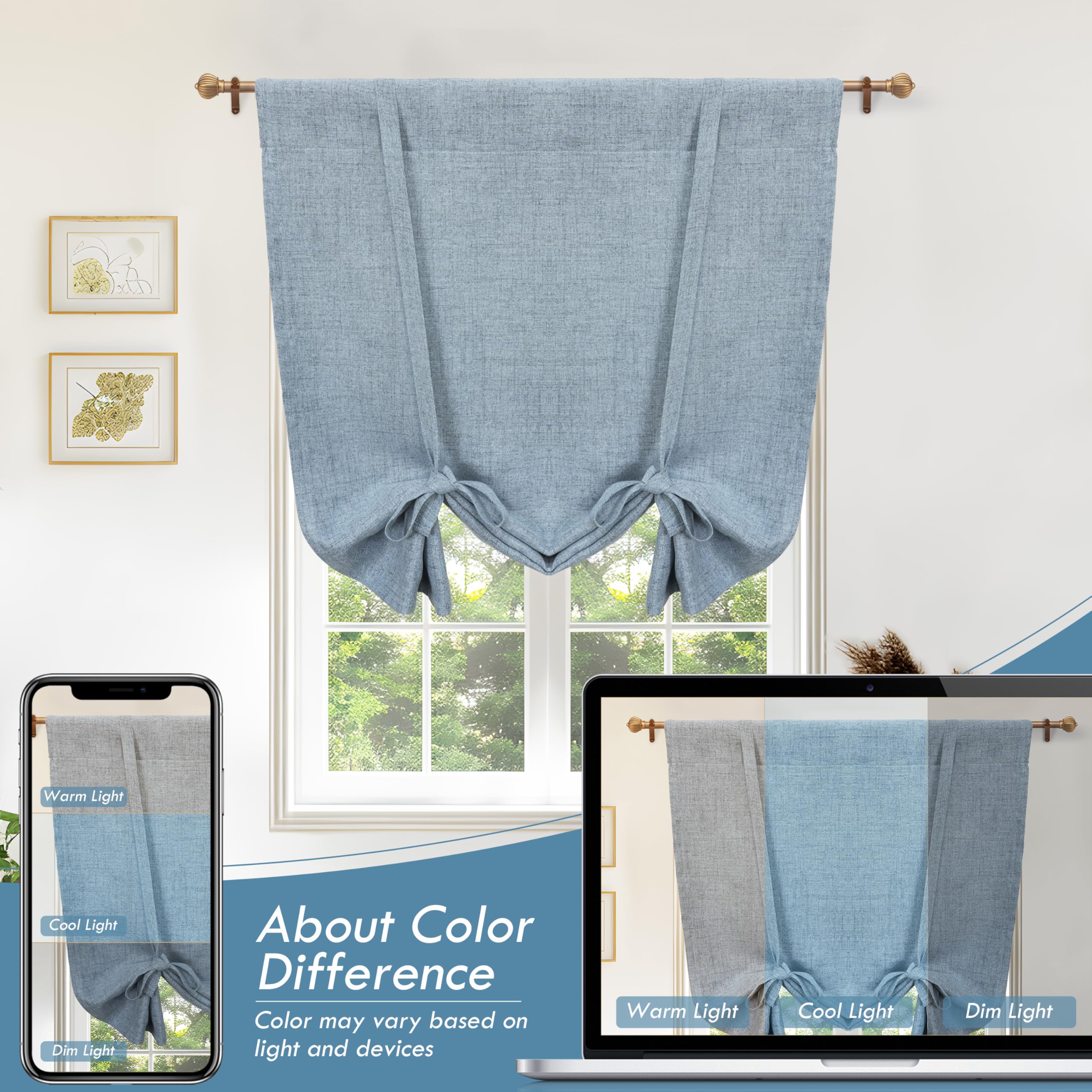 DriftAway Double Layer Linen Blackout Tie Up Curtains Thermal Insulated Fully Lined Balloon Roman Shade Bathroom Window Adjustable Rod Pocket for Small Window 25 Inch by 47 Inch Beige