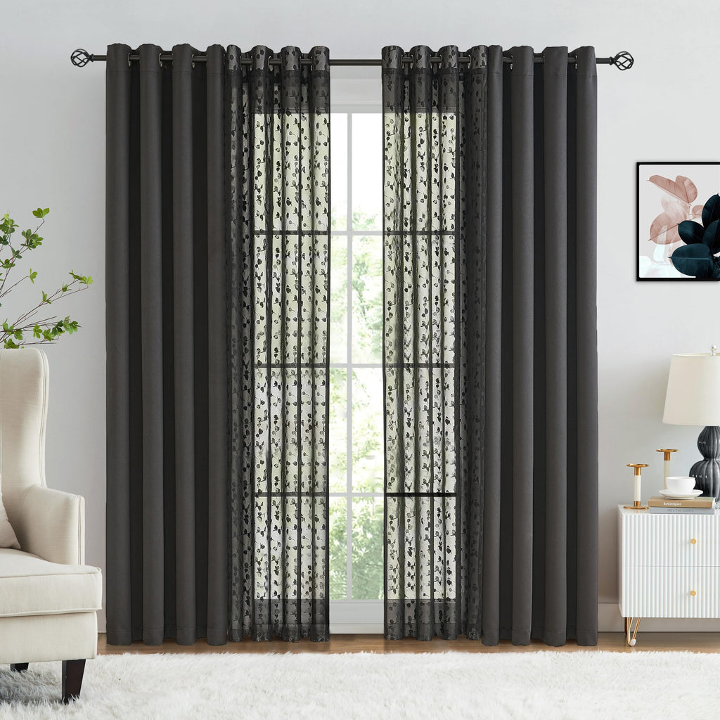 Jubilantex Full Blackout Curtains + Leaf Sheer Window Panels, Beige Mix and Match Style Double Layer Window Treatment Sets for Bedroom Living Room, 4 Panels 52" W x 63" L, Beige and White