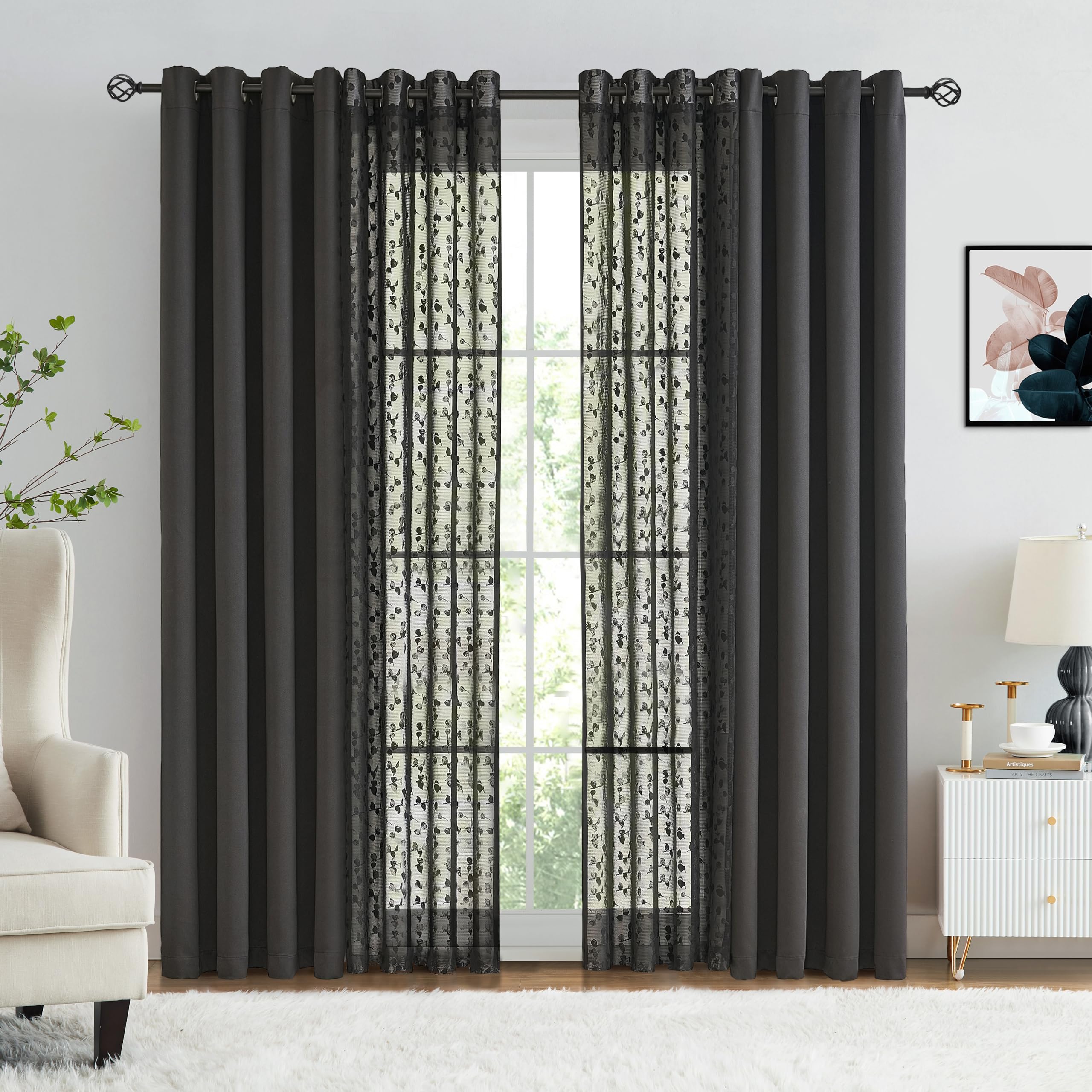 Jubilantex Full Blackout Curtains + Leaf Sheer Window Panels, Beige Mix and Match Style Double Layer Window Treatment Sets for Bedroom Living Room, 4 Panels 52" W x 63" L, Beige and White