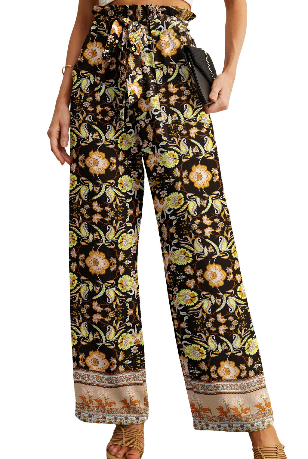 IWOLLENCE Women High Waist Palazzo Pants, Adjustable Knot Ankle Wide Leg Trousers Pockets Beach Vacation Lounge Office