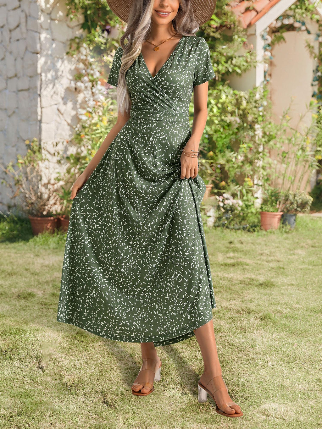 HUHOT Women's Short Sleeve Wrap V Neck Dresses for Wedding Guest Summer Floral Maxi Sundresses with Pockets Boho Dress