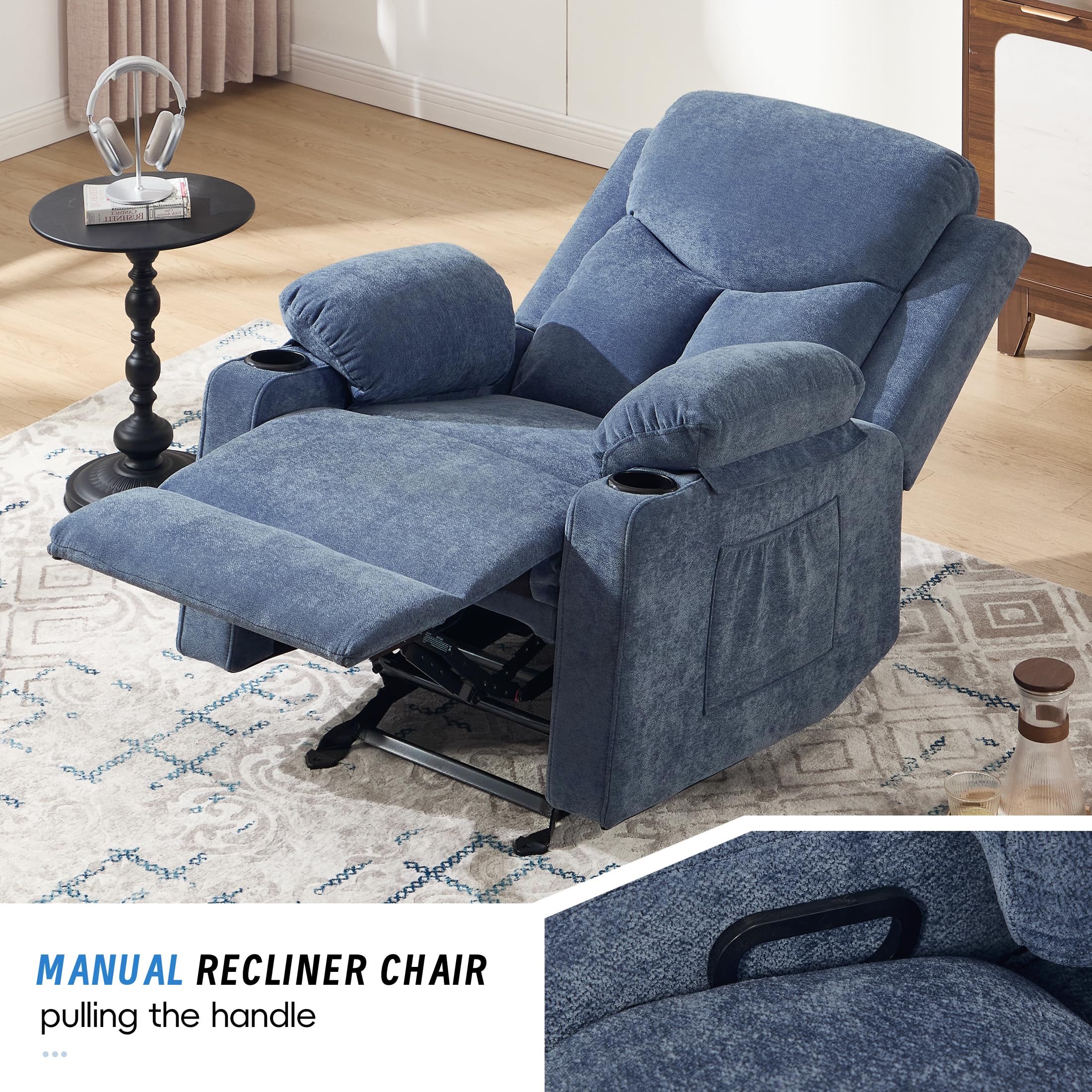 Manual Rocker Recliner Chair for Adults with Massage, Overstuffed Glider Rocking Chair with Cup Holders and Pockets for Living Room, Reclining Sofa Chair for Bedroom Nursery,Beige