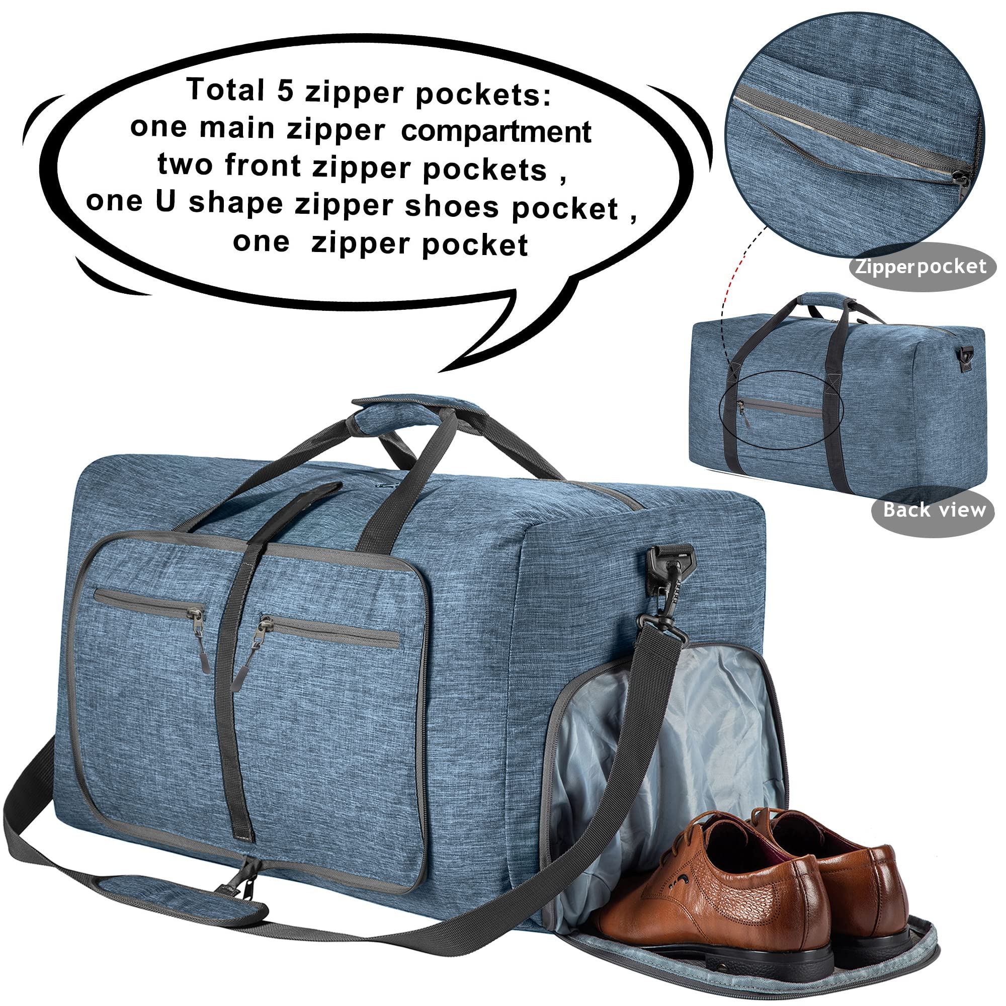 Vomgomfom 65L/85L/115L Foldable Travel Duffle Bag, Lightweight Checked Luggage with Shoe Compartment, Water-Resistant Weekender Overnight Bag for Men & Women