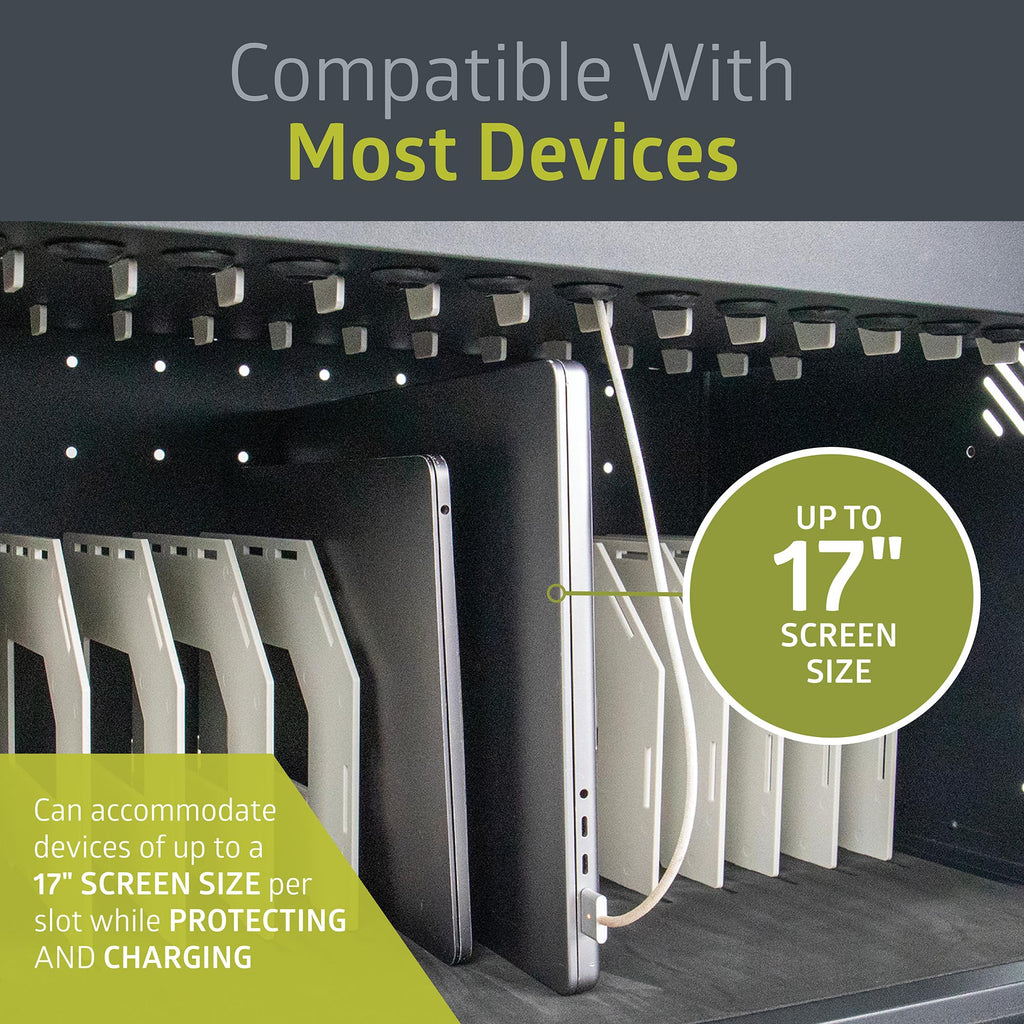 Pearington 16 Device Portable Table Top Charging and Storage Cabinet for iPads, Chromebooks and Laptop Computers, Up to 17-inch Screen Size, Bonus Shelf, Side Handles, Locking Front Door, Cable Clips