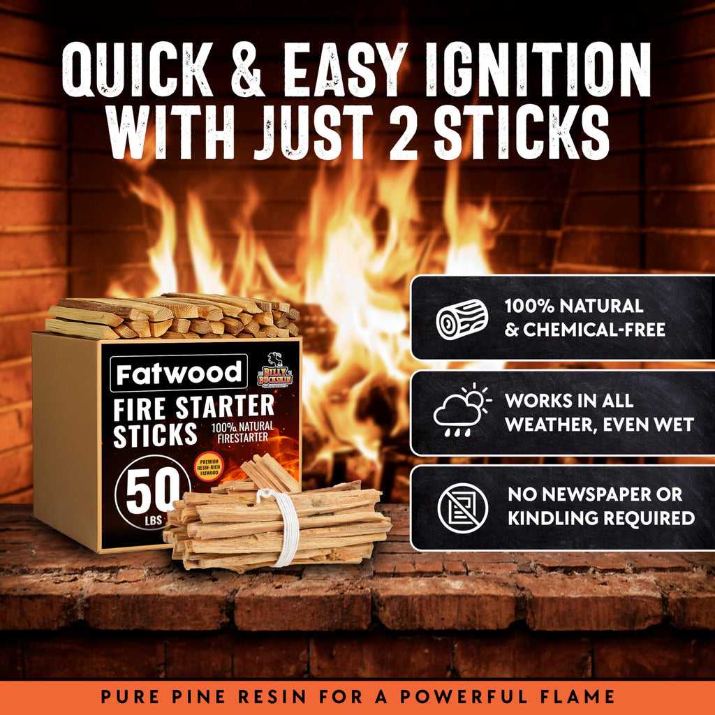 2lb Fatwood Fire Starter Sticks | 100% Natural Fire Starters for Campfires, Firepit, Wood Stoves, Fireplaces, BBQ | Start a Fire w/Just 2 Sticks | Camping Essentials by Billy Buckskin (2lb Bag)