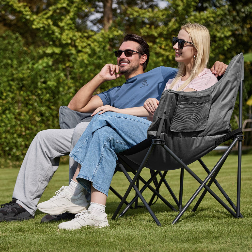 Double Camping Chair Heavy Duty Oversized Padded Loveseat for Adults 2 Person Outdoor Portable Camping Chairs for Lawn, Backyard, Fishing, Trip, Support 600lbs, Grey