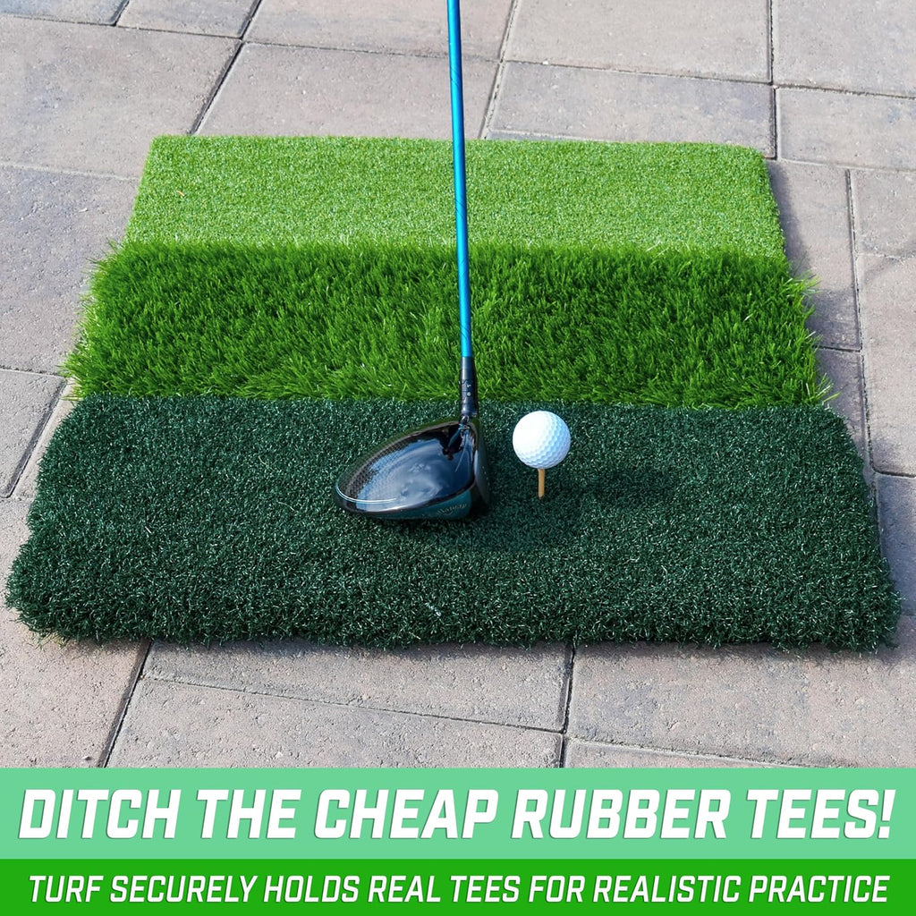 GoSports Tri-Turf XL Golf Hitting Mat – 24x24 in Golf Practice Mat for Indoor/Outdoor Training, Fairway Rough Tee Turf, Portable Golf Mat for Backyard, Garage & Golf Simulator Use