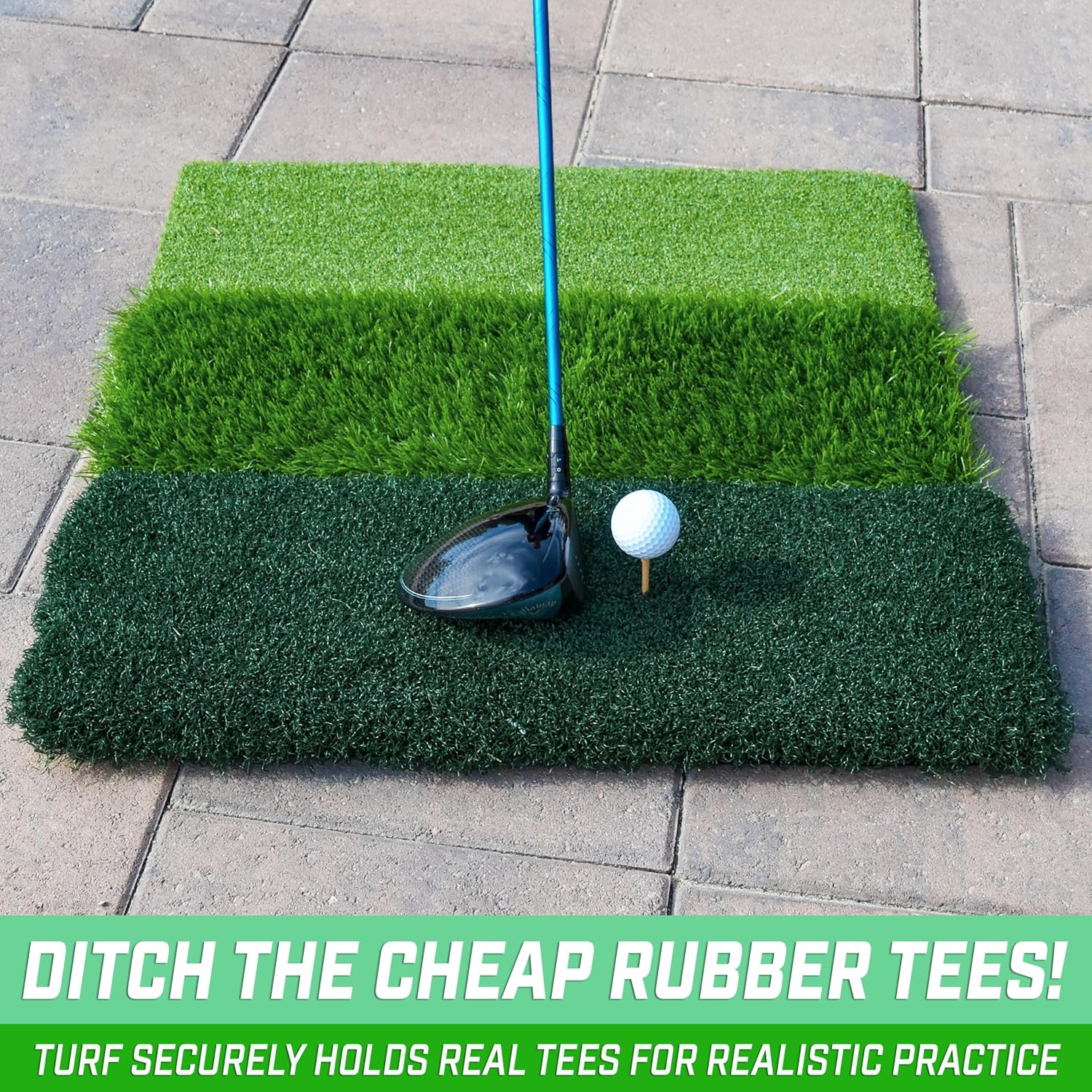 GoSports Tri-Turf XL Golf Hitting Mat – 24x24 in Golf Practice Mat for Indoor/Outdoor Training, Fairway Rough Tee Turf, Portable Golf Mat for Backyard, Garage & Golf Simulator Use