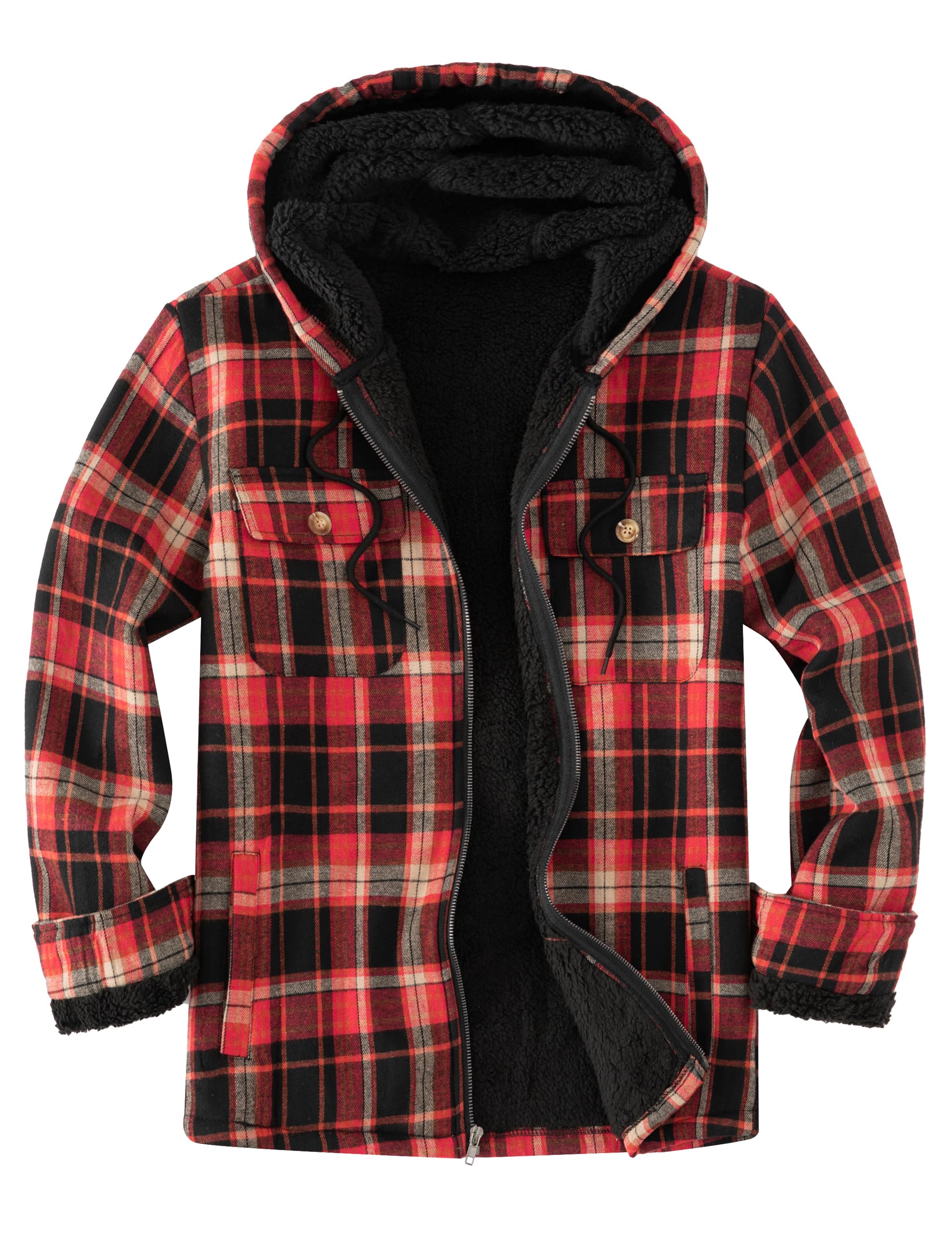 Men's Flannel Plaid Hooded Jackets Full Zip Sherpa Fleece Lined Hoodies Fashion Warm Coat