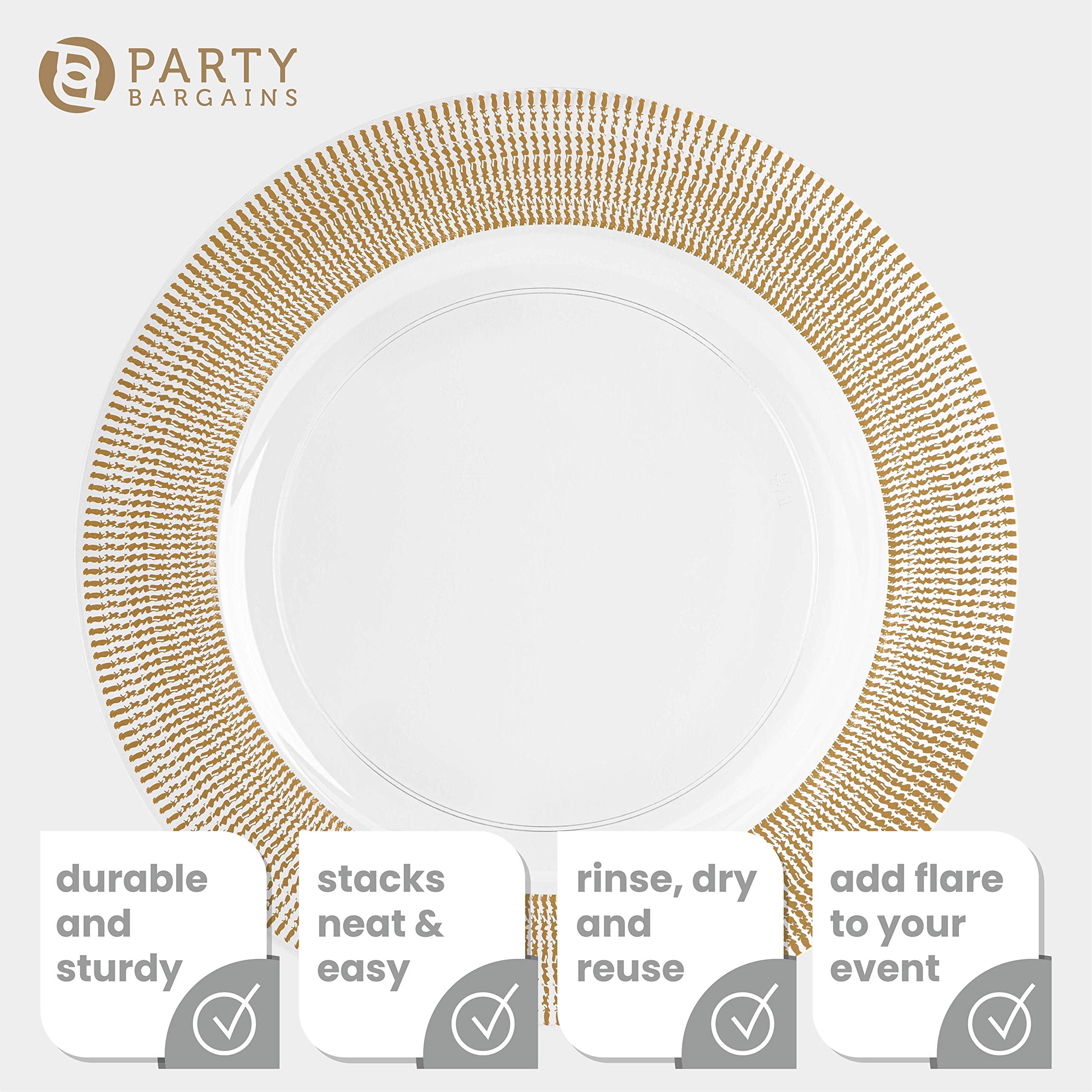PARTY BARGAINS 13-Inch Charger Plates - 96 Pack, Clear Gold Rim, Heavy-Duty Disposable Chargers for Elegant Dining - Ideal for Weddings and Formal Events