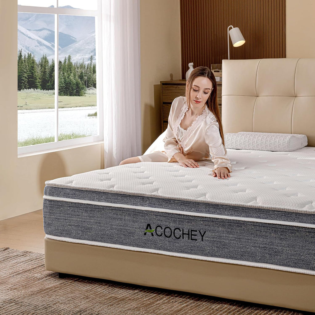 Acochey 10 Inch Queen Mattress Memory Foam and Spring Hybrid Mattresses,Medium Firm Feel Grey Mattress in a Box,Quality Comfort and Adaptive Support Breathable Cooling