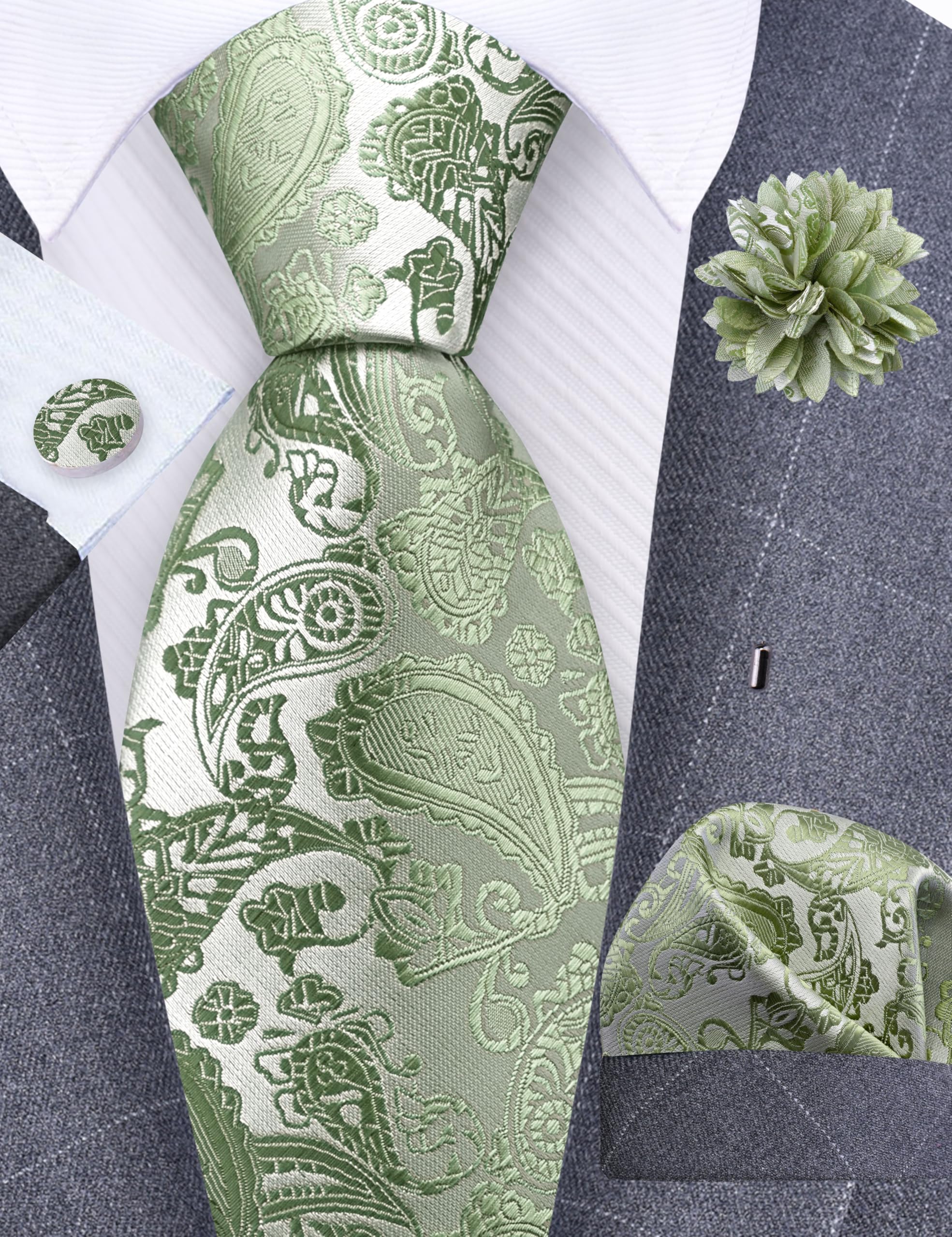 GUSLESON 3.15"（8cm） Mens Paisley Tie and Lapel Pin Necktie Hankerchief Cufflinks Set for Men