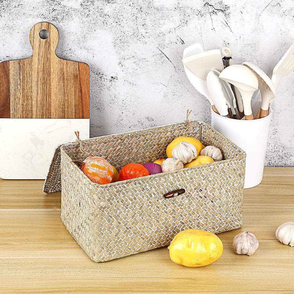 Sumnacon Wicker Basket with Lid Rectangle Woven Baskets for Toiletries Tampon Storage,Wicker Storage Basket with Lid,Decorative Seagrass Storage Baskets for Shelf Bathroom Toilet Table, Caramel