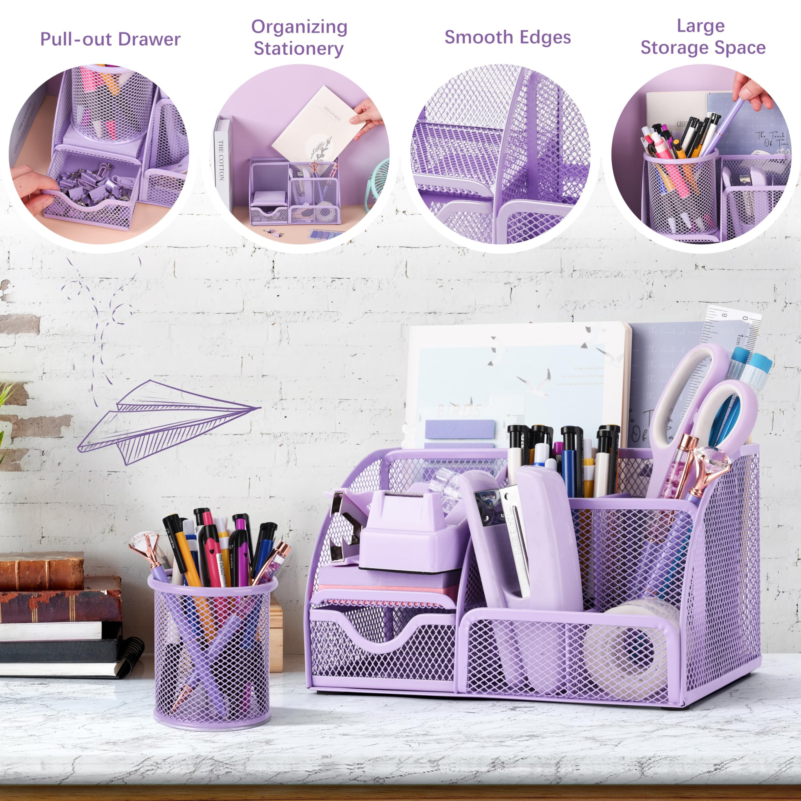 Fayoo 11 Pcs Pink Office Supplies Set Mesh Desk Organizer Accessories Kit include Stapler Tape Dispenser Staple Remover Clips Ruler Scissors Sticky Notes for Office School Home Women (Pink)