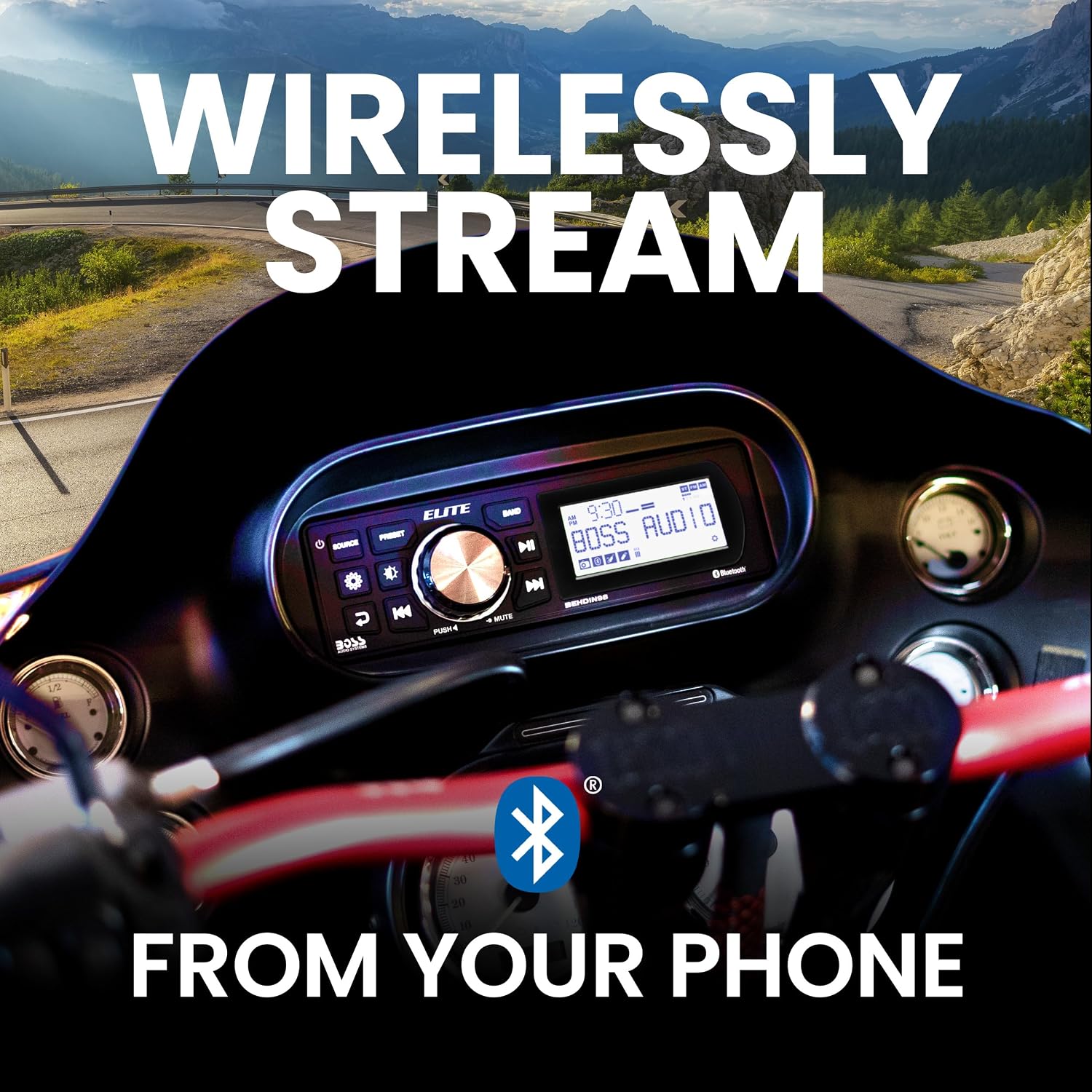 BOSS Audio Systems BEHDIN98 Harley Davidson Amplified Bluetooth Receiver – Directly Fits 1998-2013 Electra Glide & Road Glide, 3” Monochrome LCD, IPX6 Weatherproof Panel & IPX4 Chassis