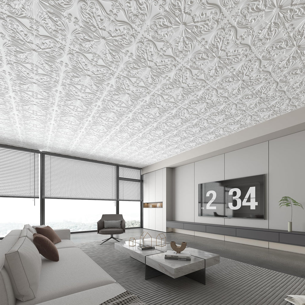 Art3d Drop Ceiling Tiles 24x24in. (12-Pack, 48 Sq.ft), Wainscoting Panels Glue Up 2ft x 2ft for Interior Décor in Living Room, Bedroom & Office, Star Black