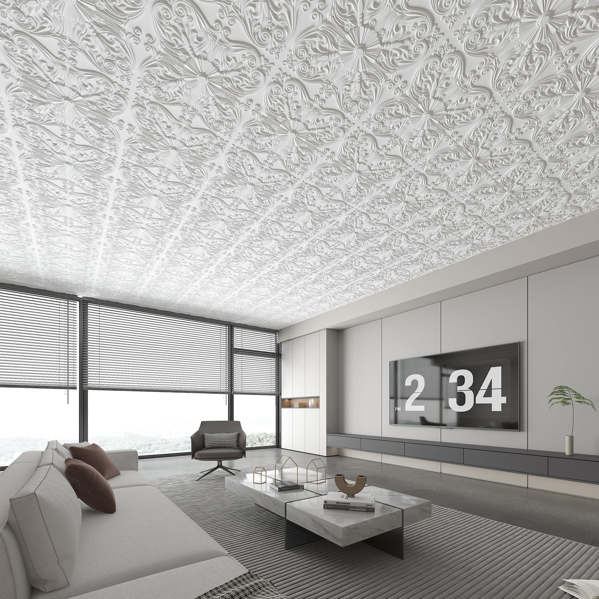 Art3d Drop Ceiling Tiles 24x24in. (12-Pack, 48 Sq.ft), Wainscoting Panels Glue Up 2ft x 2ft for Interior Décor in Living Room, Bedroom & Office, Star Black