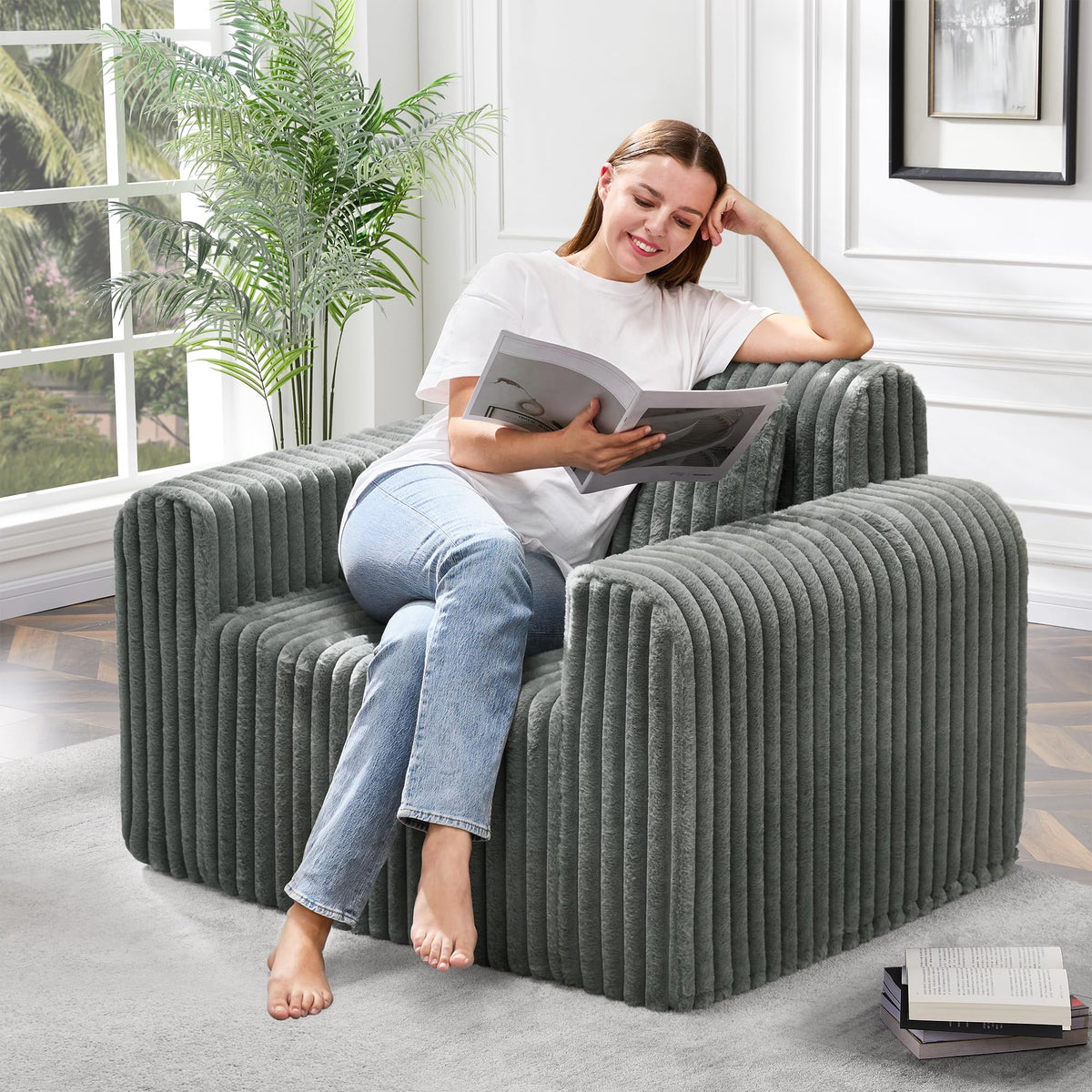 Hobestluk Single Sofa Foam Couch Sofa for Small Spaces Comfy Sofas with Removable Cover Furry Couch with Pillows for Living Room, Bedroom, Apartment, Office (Black, Standard)