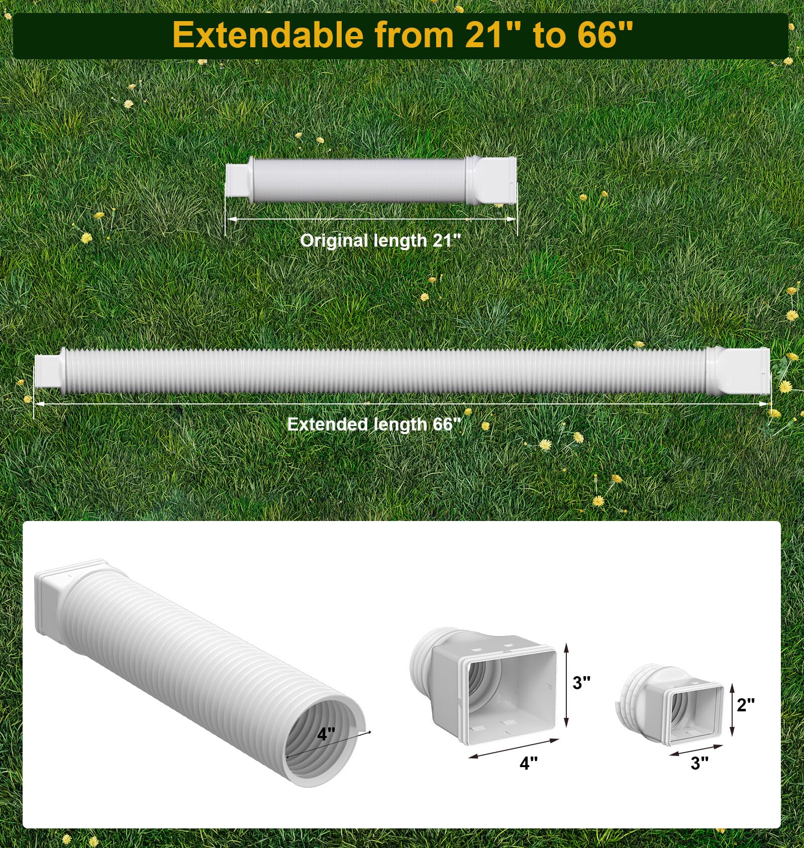 Ogutter Rain Gutter Downspout Extensions, Downspout Extender for Rainwater Drainage Flexible, Down Spout Drain Extension Pipe and Extendable from 21 to 66 Inches (Black)