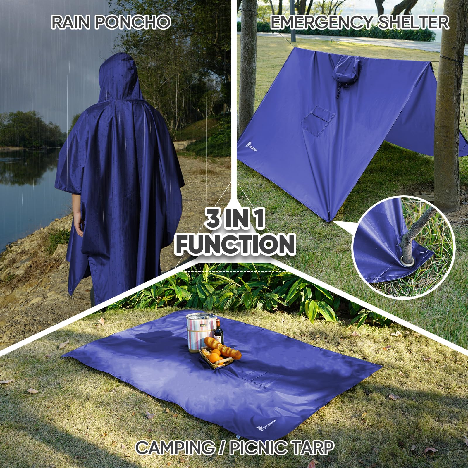 PTEROMY 3-in-1 Hooded Rain Poncho for Adult with Pocket, Waterproof Lightweight Unisex Raincoat for Hiking Camping Emergency
