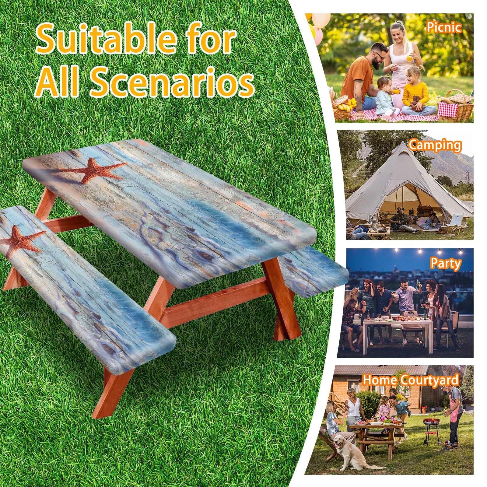 Park Picnic Table Cover with Bench Covers Lightweight Camping Essentials, Oil-Proof Waterproof 3PCS Tablecloth with Elastic, Fitted for Table 6FT Rectangle and Seats, American Flag Eagle (72x30in)