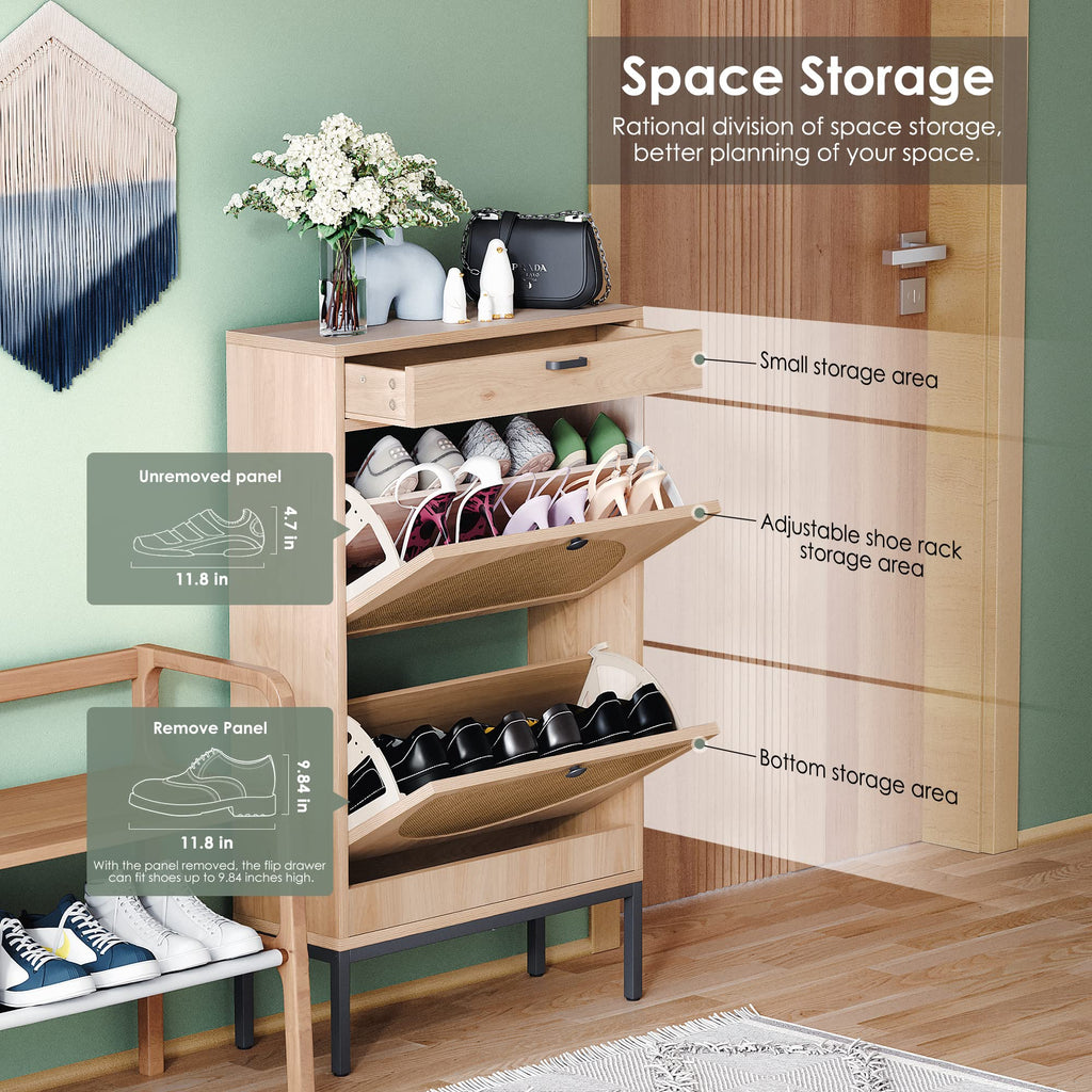 Yechen Shoe Rack Storage Organizer with 2 Natural Semi-Circular Rattan Doors, Entryway Wooden Shoe Cabinet for Sneakers, Leather Shoes, Heels, Slippers (Black)