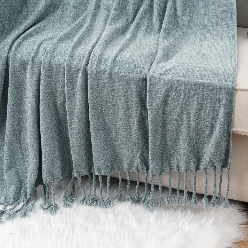 BATTILO HOME Beige Chenille Throw Blanket for Couch, Soft Cozy Textured Knit Throw Blanket with Handmade Fringe Tassels, Lightweight Decorative Farmhouse Blanket for Sofa Bed Chair, 50"x60"