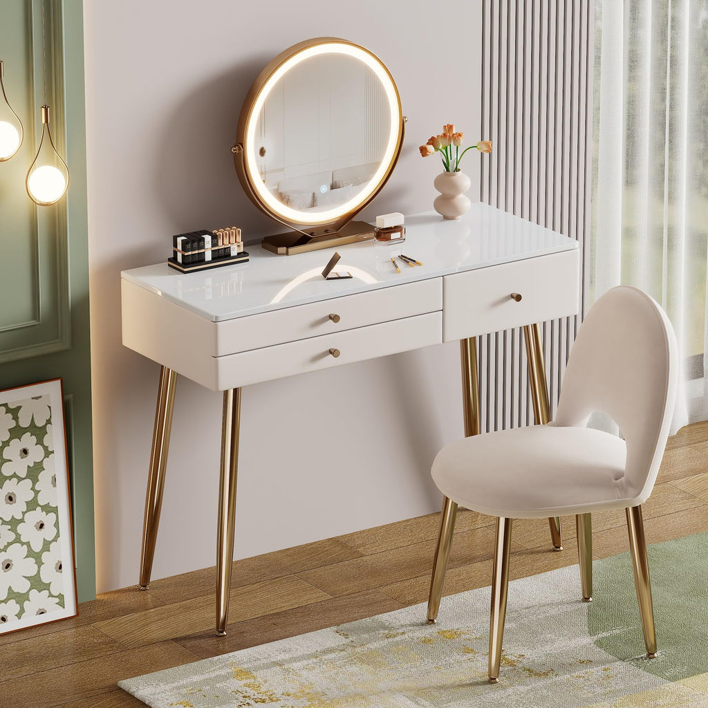 KDCAS Vanity Desk with Mirror and Lights| 39" Beige Modern Makeup Vanity Set with Drawers & Adjustable Chair| White and Gold Dressing Table for Small Spaces & Bedroom