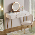 KDCAS Vanity Desk with Mirror and Lights| 39" Beige Modern Makeup Vanity Set with Drawers & Adjustable Chair| White and Gold Dressing Table for Small Spaces & Bedroom