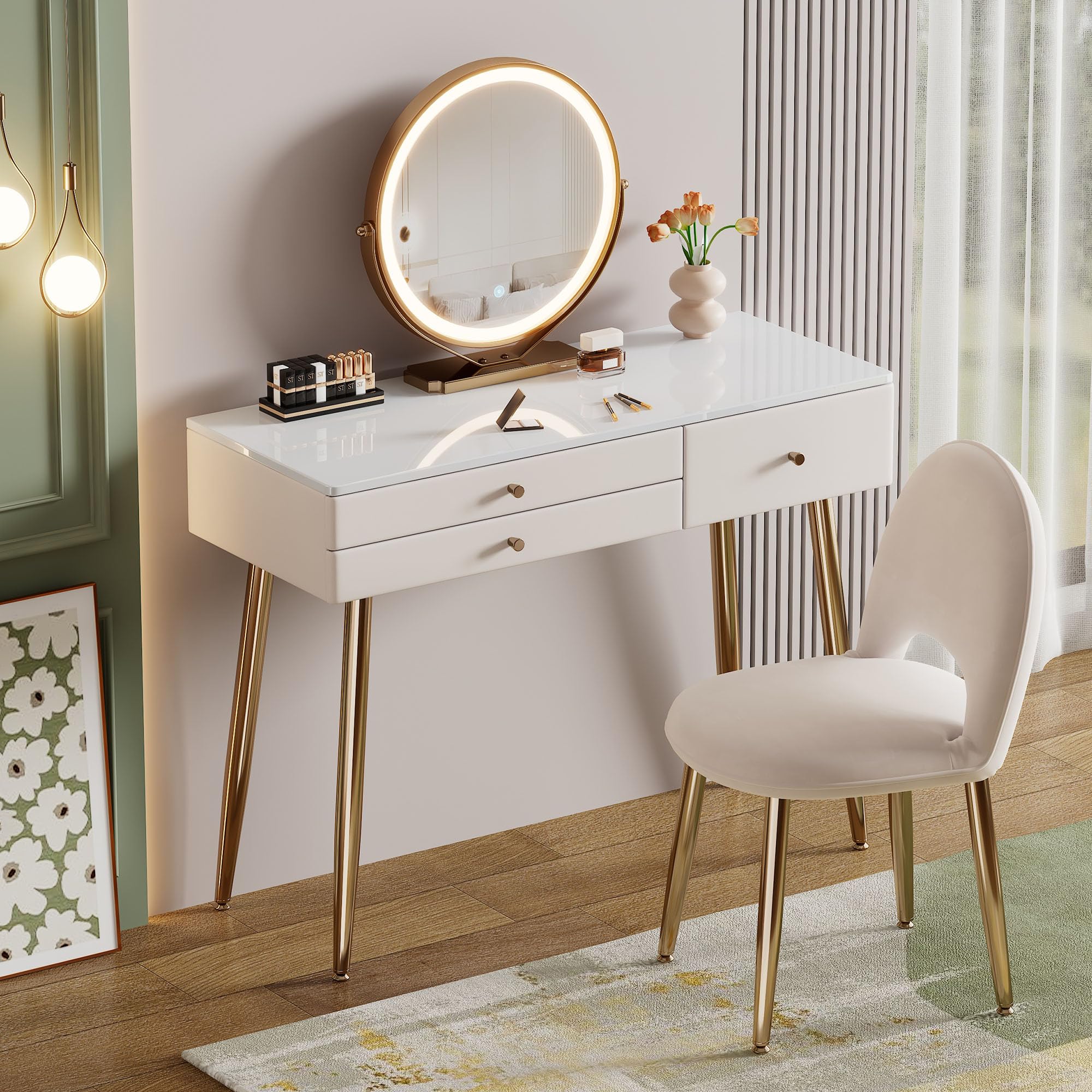 KDCAS Vanity Desk with Mirror and Lights| 39" Beige Modern Makeup Vanity Set with Drawers & Adjustable Chair| White and Gold Dressing Table for Small Spaces & Bedroom