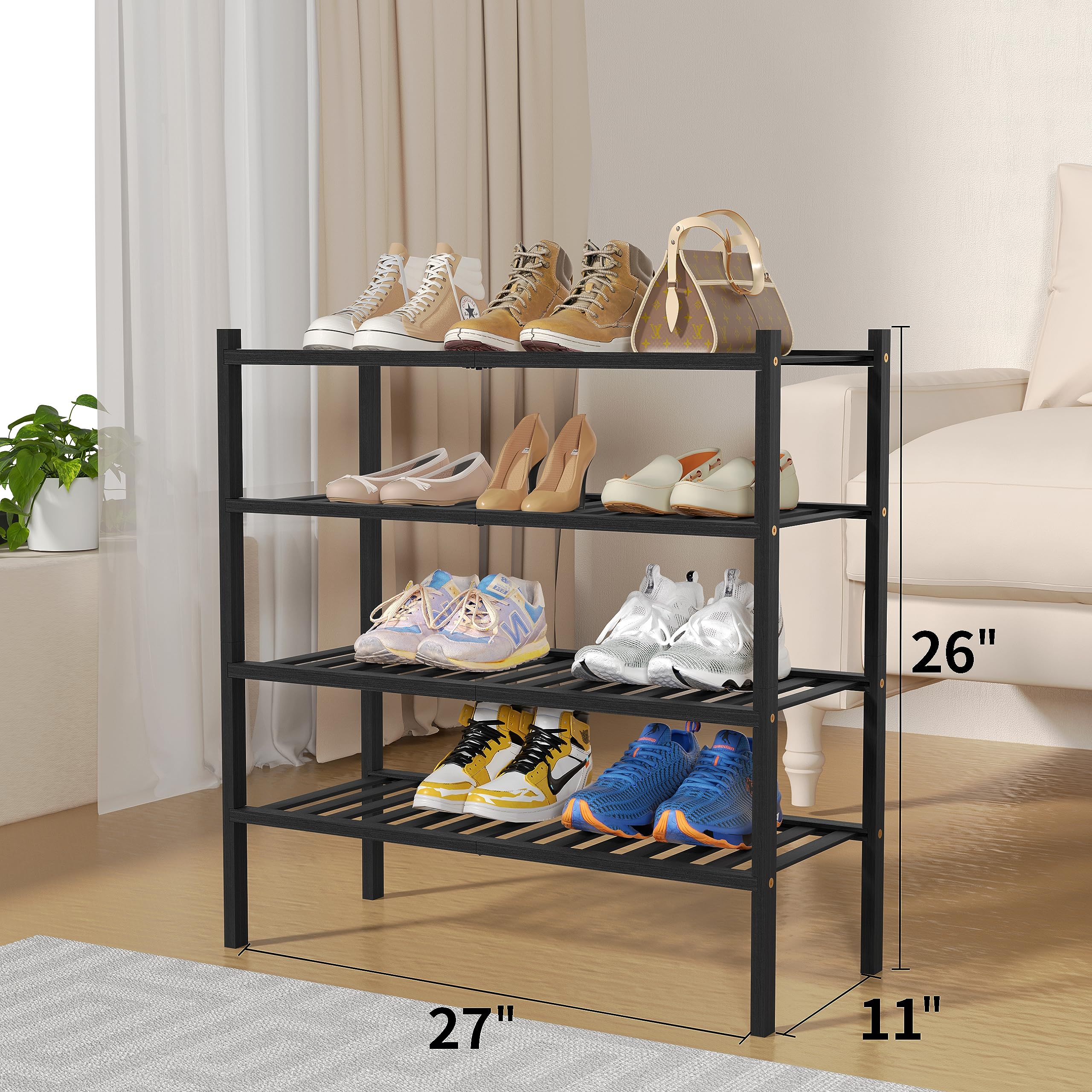 ROMGUAR CRAFT 2-Tier Bamboo Long Shoe Rack, Free Standing Wood Shoe Shelf Storage Organizer for Closet Entryway Stackable 35"x11"x13" (Black)