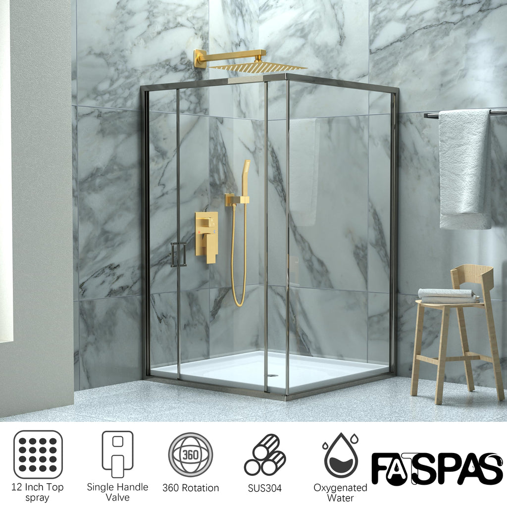 Brushed Gold Shower System with 10-Inch Rain Showerhead and Tub Spout | cUPC-certified pressure balance brass valve to prevent scalding, CEC-certified air injection technology for low pressure