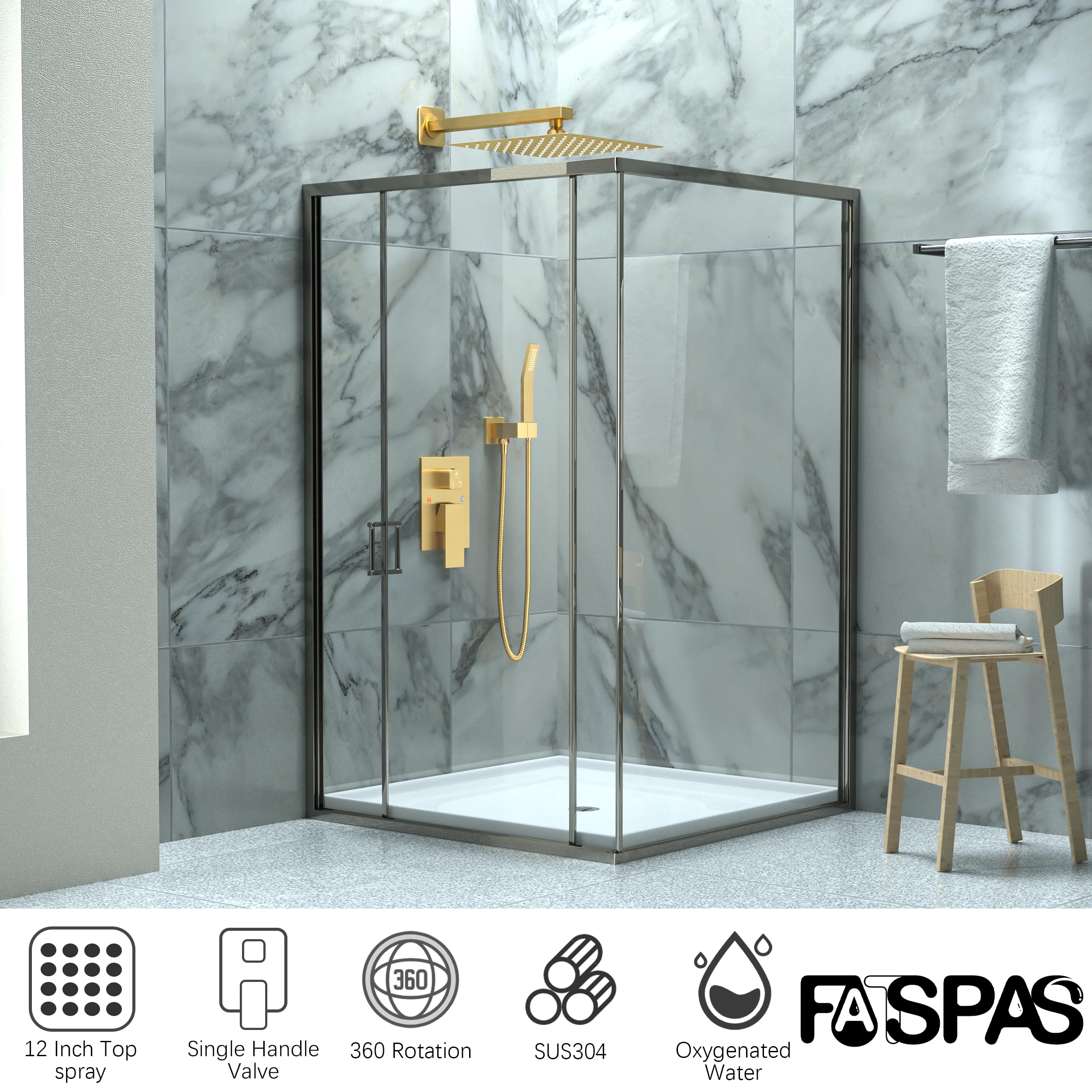 Brushed Gold Shower System with 10-Inch Rain Showerhead and Tub Spout | cUPC-certified pressure balance brass valve to prevent scalding, CEC-certified air injection technology for low pressure