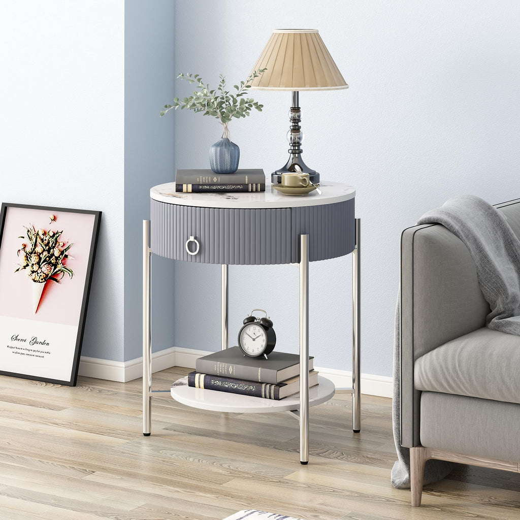OIOG Modern Side Table with Drawer, Industrial 2 Tier End Table with Shelf, Wood Grain Nightstand with Storage for Living Room, Bedroom, Office, Dorm, Black