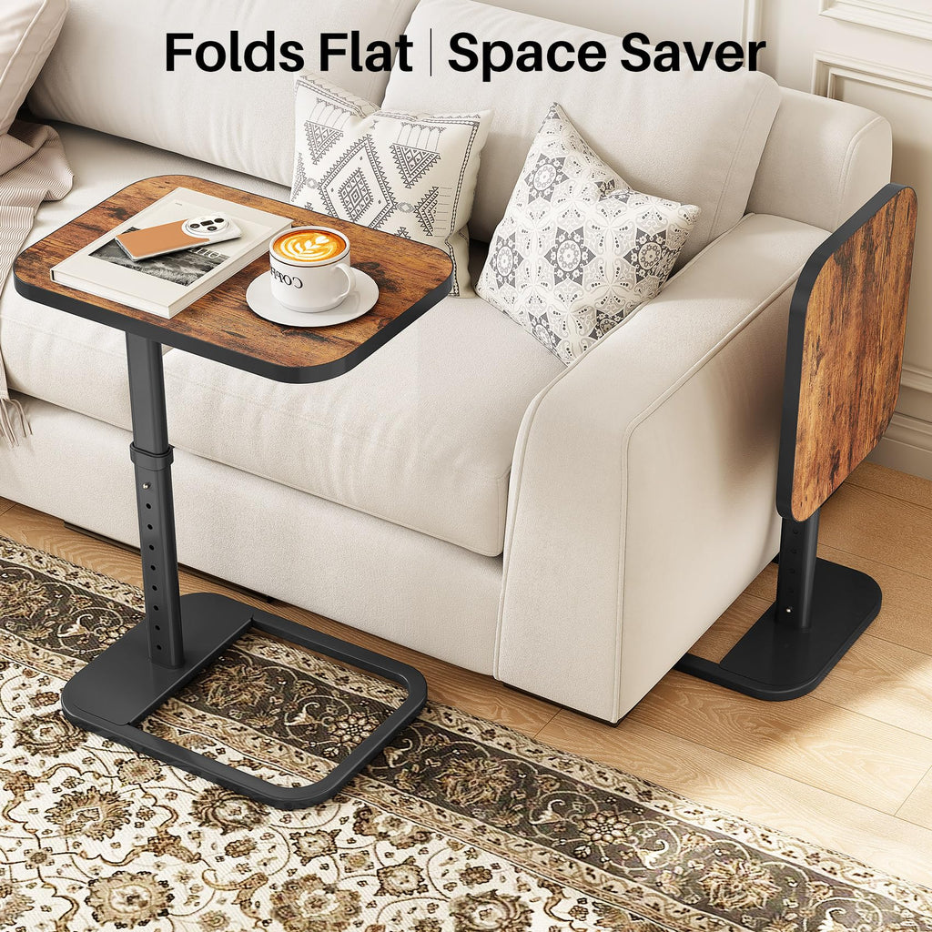 Kitstorack TV Tray Table, Adjustable Height & Rounded Metal Corners, Snack Table for Couch, Sofa, Bed, Chair, Living Room, C Shaped End Side Table for Eating, Dinner or Laptop, Small Spaces, Black
