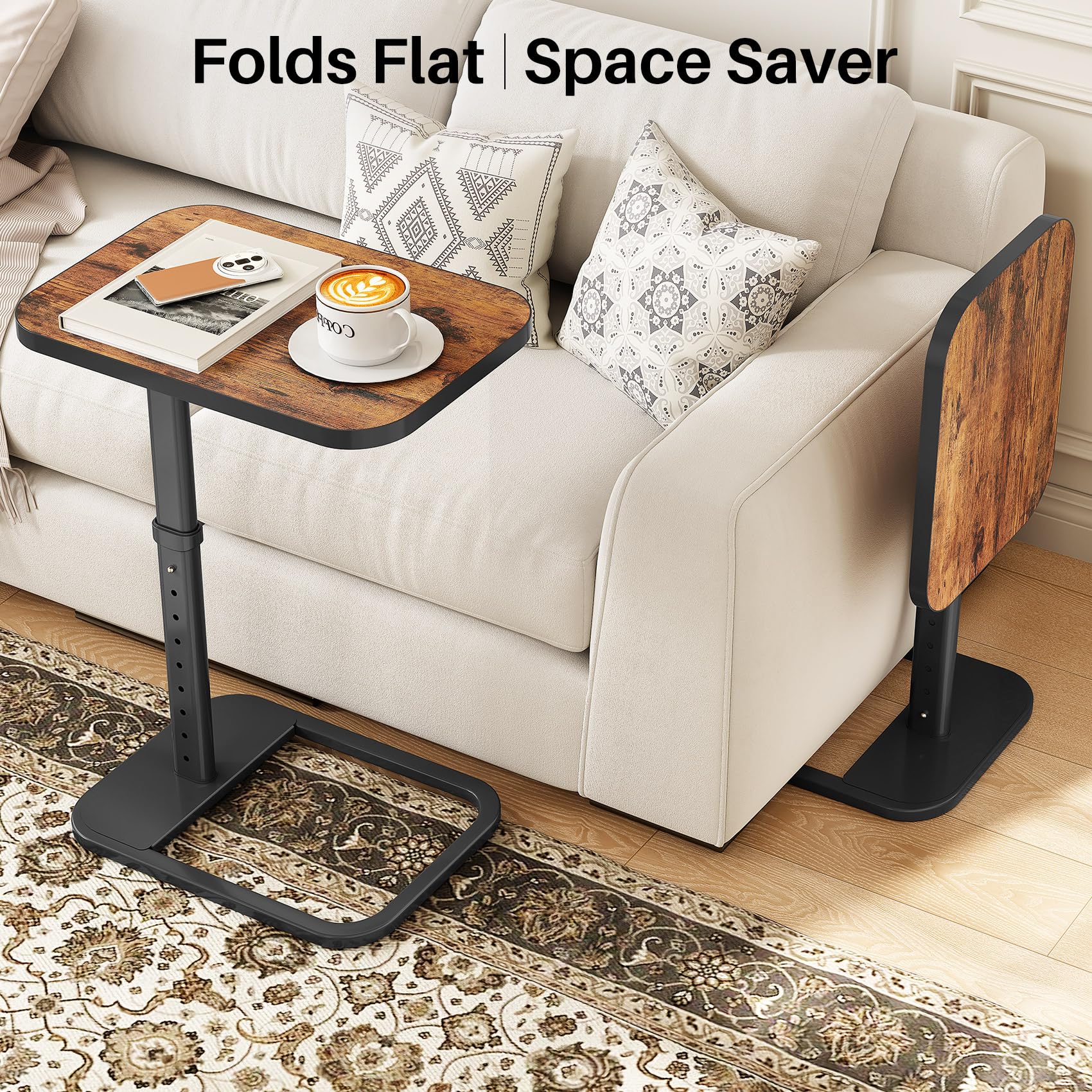 Kitstorack TV Tray Table, Adjustable Height & Rounded Metal Corners, Snack Table for Couch, Sofa, Bed, Chair, Living Room, C Shaped End Side Table for Eating, Dinner or Laptop, Small Spaces, Black