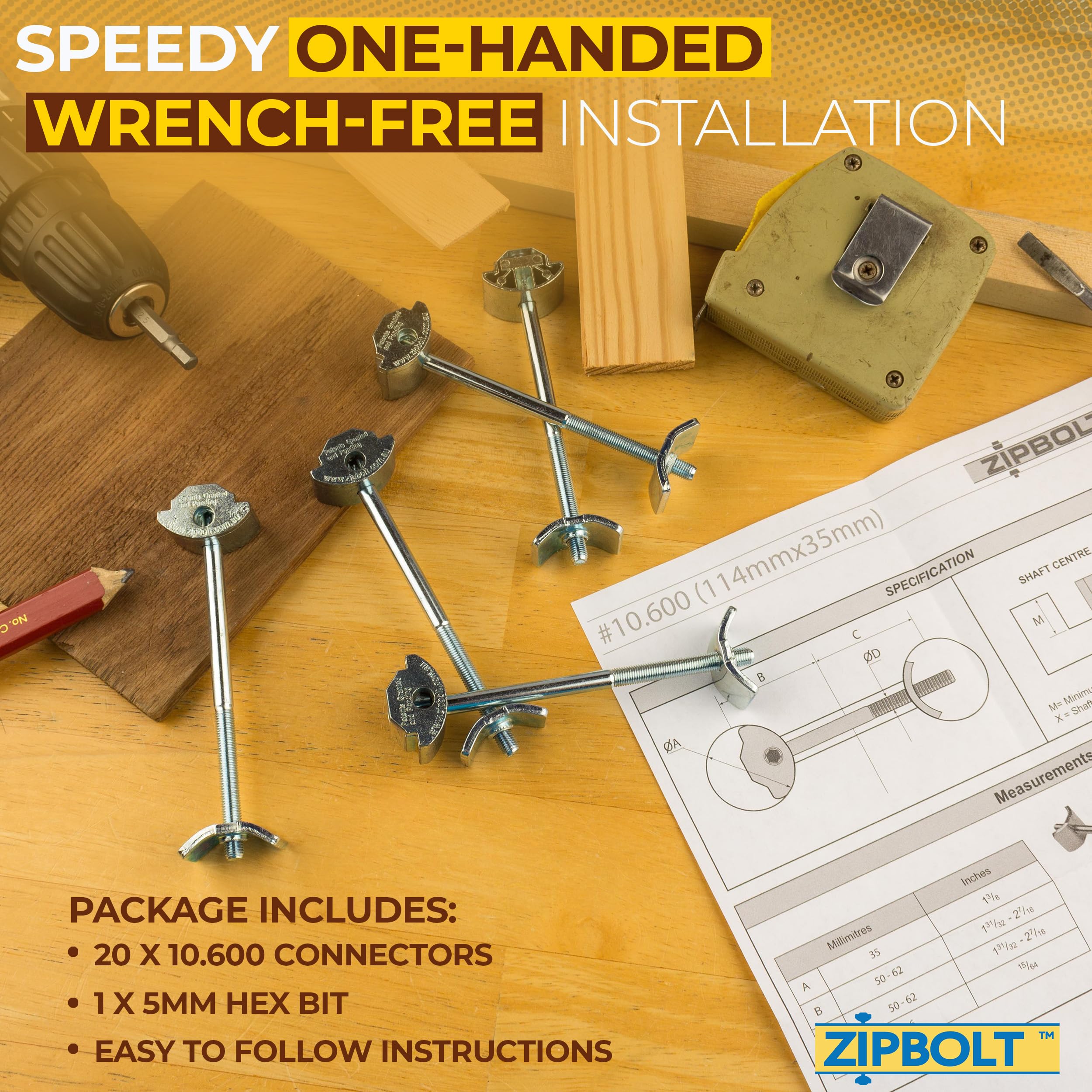 Zipbolt 10.800 Countertop Miter Connector — 20 Piece Joint Fastener Drawbolt Pack with 5mm Hex Bit for Joining Countertops, Butcher Blocks, Furniture, and More - Single-Handed Tightening