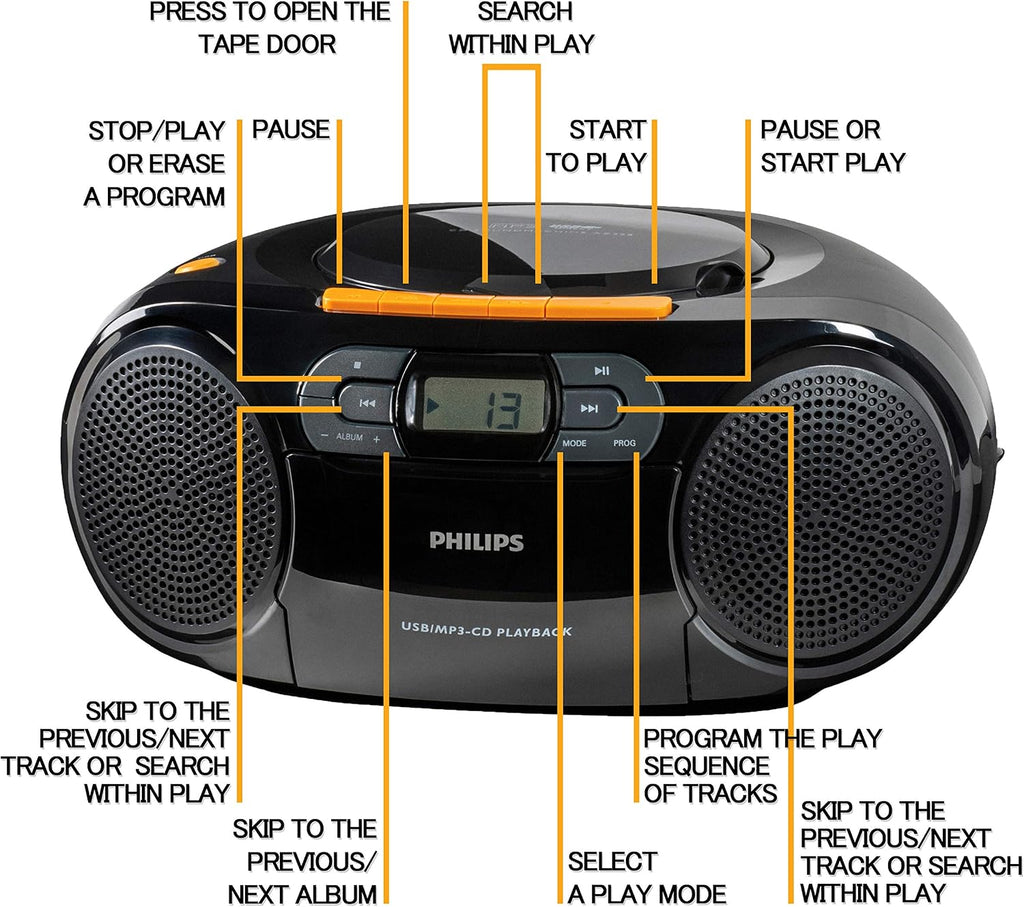 Philips Portable CD Player Boombox - Portable MP3 Player and Cassette Tape Player, Boom Box Compact Stereo Sound System with Dynamic Bass Boost, Take Your Music Outside with USB HiFi Music Player