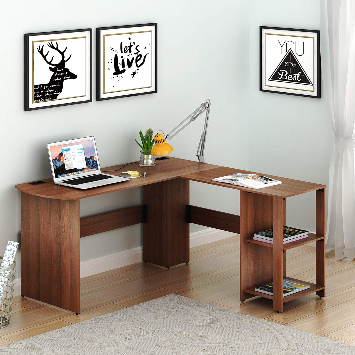 SHW 51 x 51 Inches L-Shaped Home Office Wood Corner Desk wtih Storage, Black