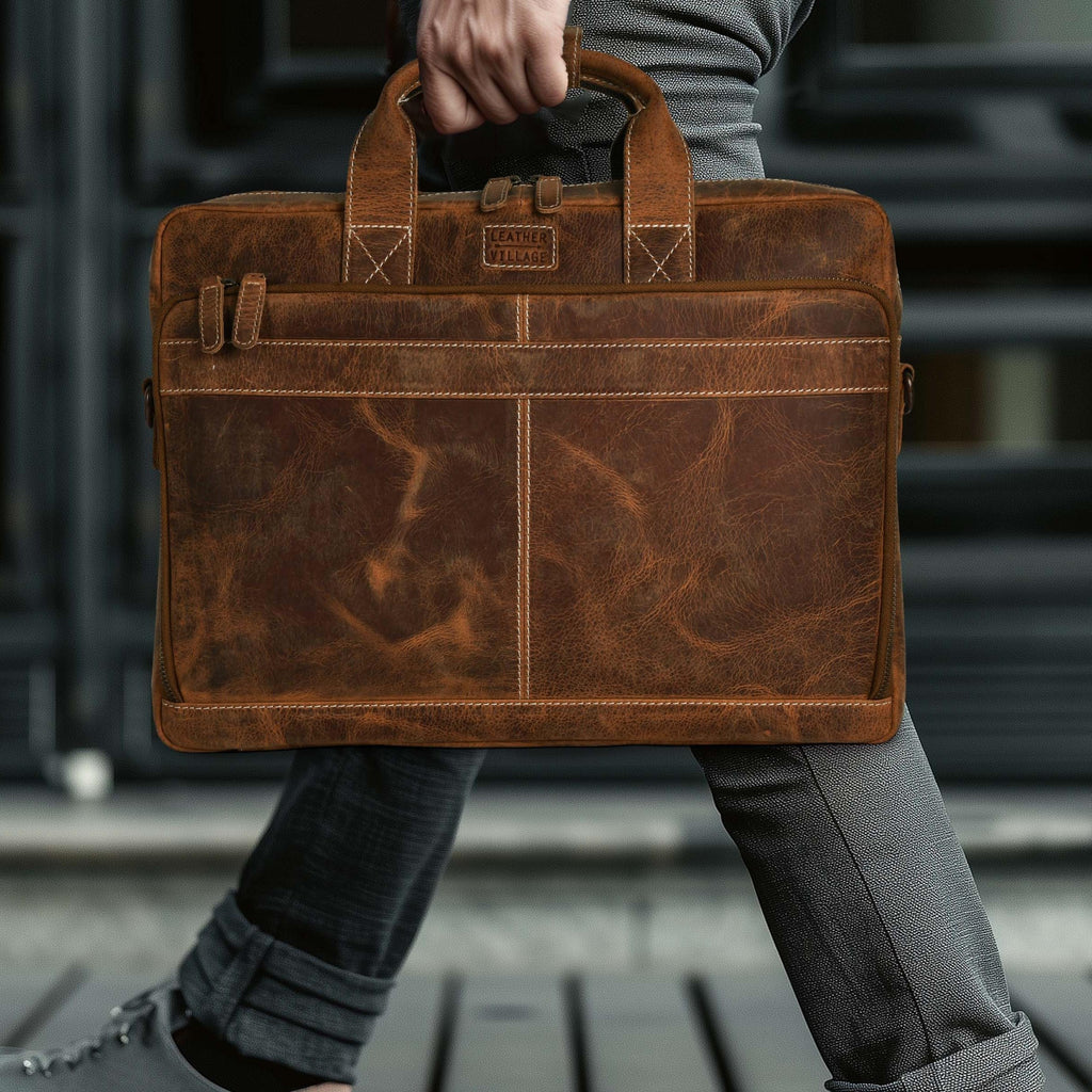 LEATHER VILLAGE 16" Leather Laptop Messenger Briefcase Bag for Men-Leather Satchel for Travel and Office Shoulder Bag-Black