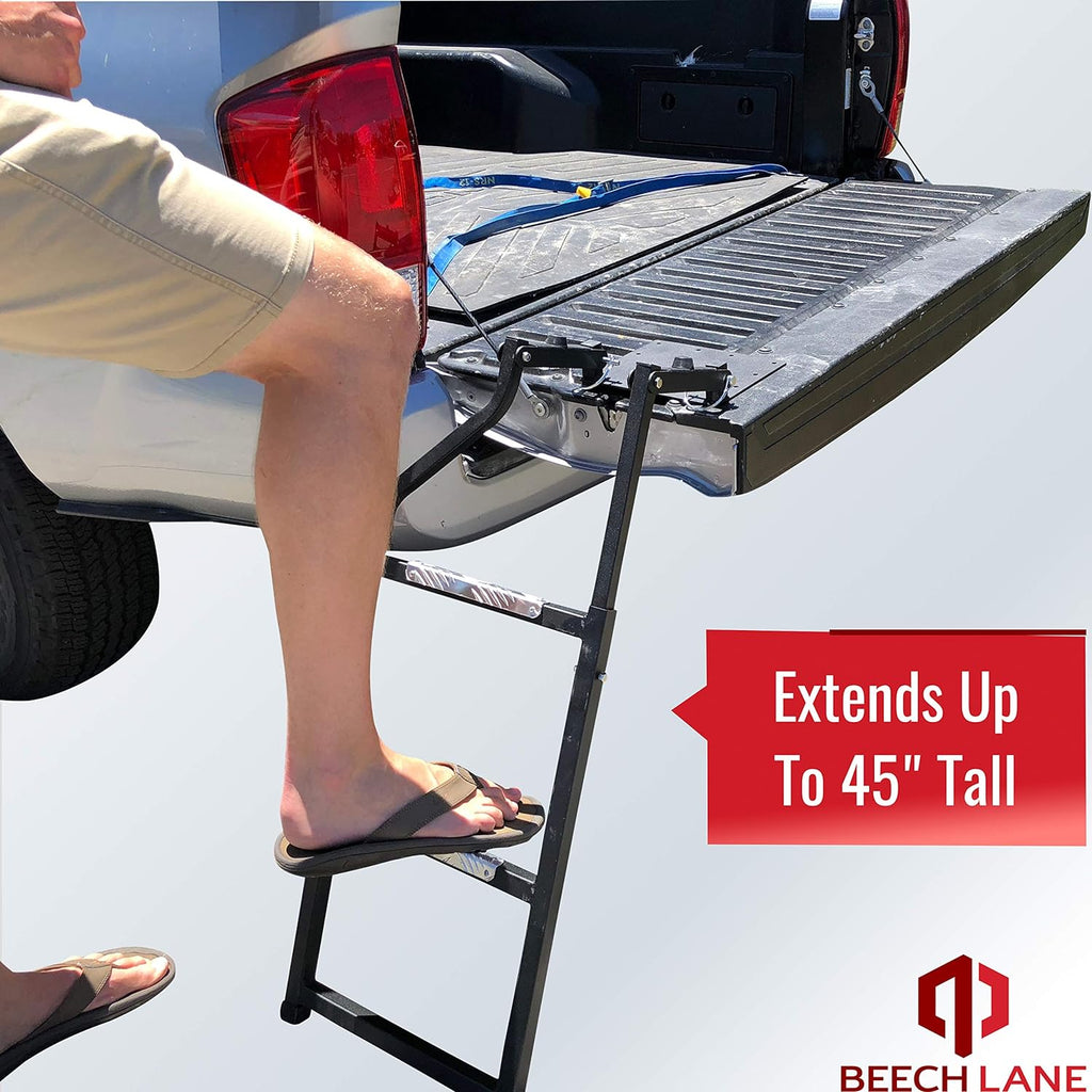 Beech Lane Pickup Truck Tailgate Ladder - Universal Fit, Stainless Steel Self Drilling Hex Screws for Easy Install, Durable Aluminum Step Grip Plates, and Sturdy Rubber Ladder Feet