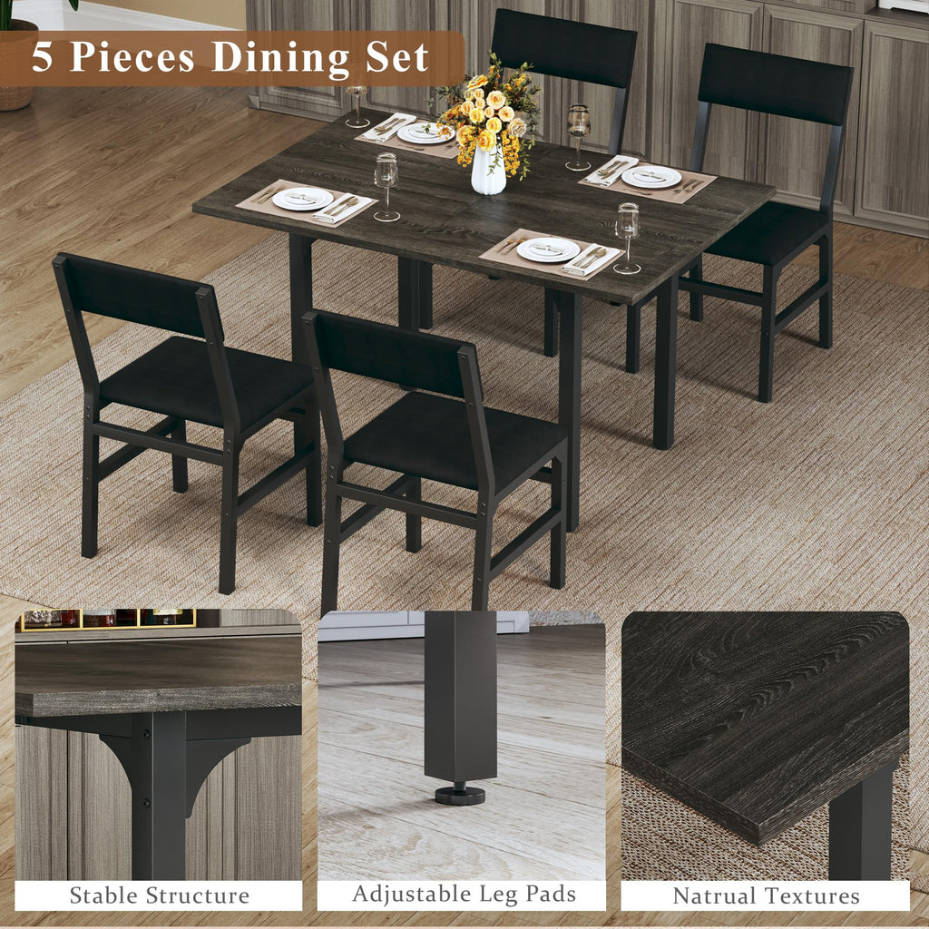 HUAHUU Dining Table Set for 4, Extendable Kitchen Table Cushion Chairs Set of 4, Rectangle Dining Table with Metal Frame & MDF Board, Folding for Small Apartment Saving Space, Black