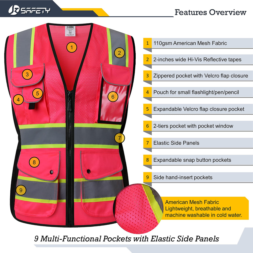 JKSafety Women Hi-Vis Reflective Safety Vest | Neon Color body Sewed Reflective Strips Breathable Lightweight ANSI Compliant