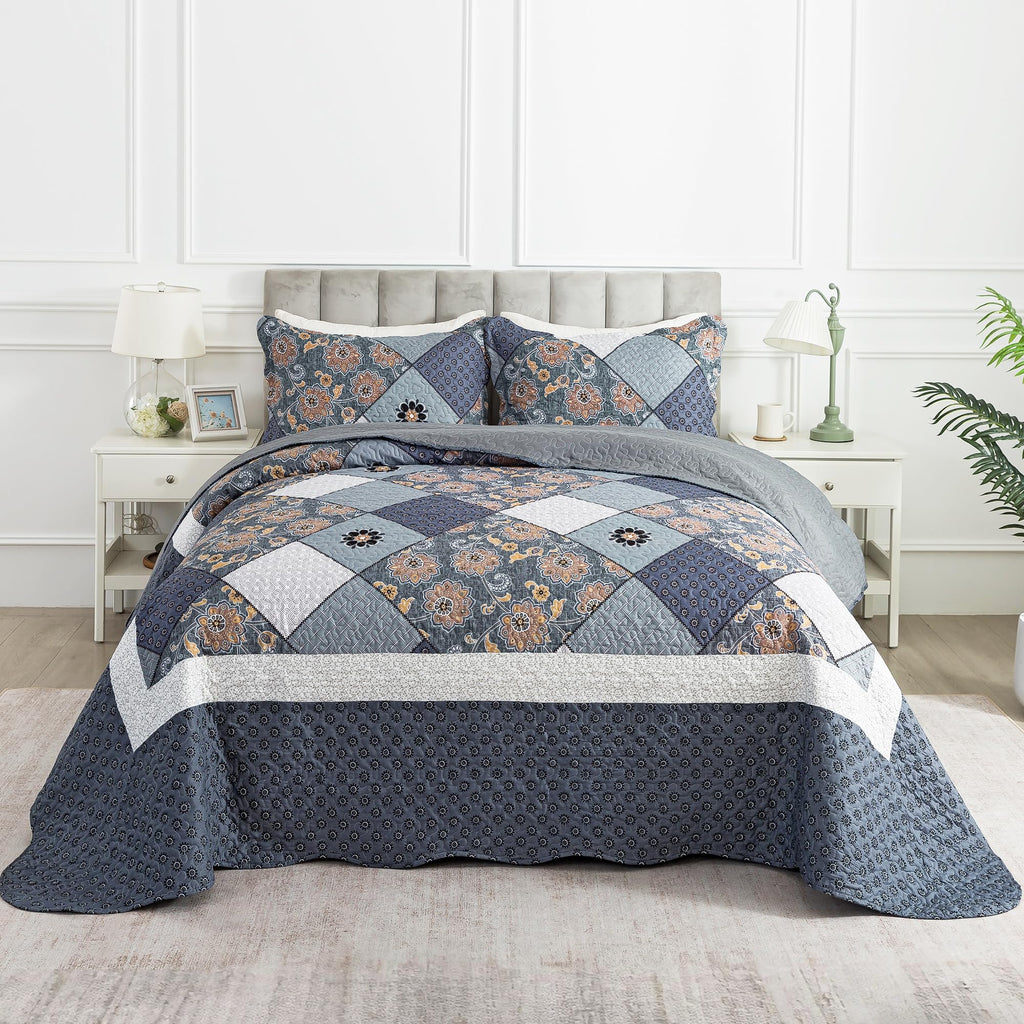 HoneiLife Quilt Sets Twin Size - 2 Piece Microfiber Quilts Reversible Bedspreads Patchwork Coverlets Floral Bedding Set All Season Quilts with Blue and White Porcelain Pattern