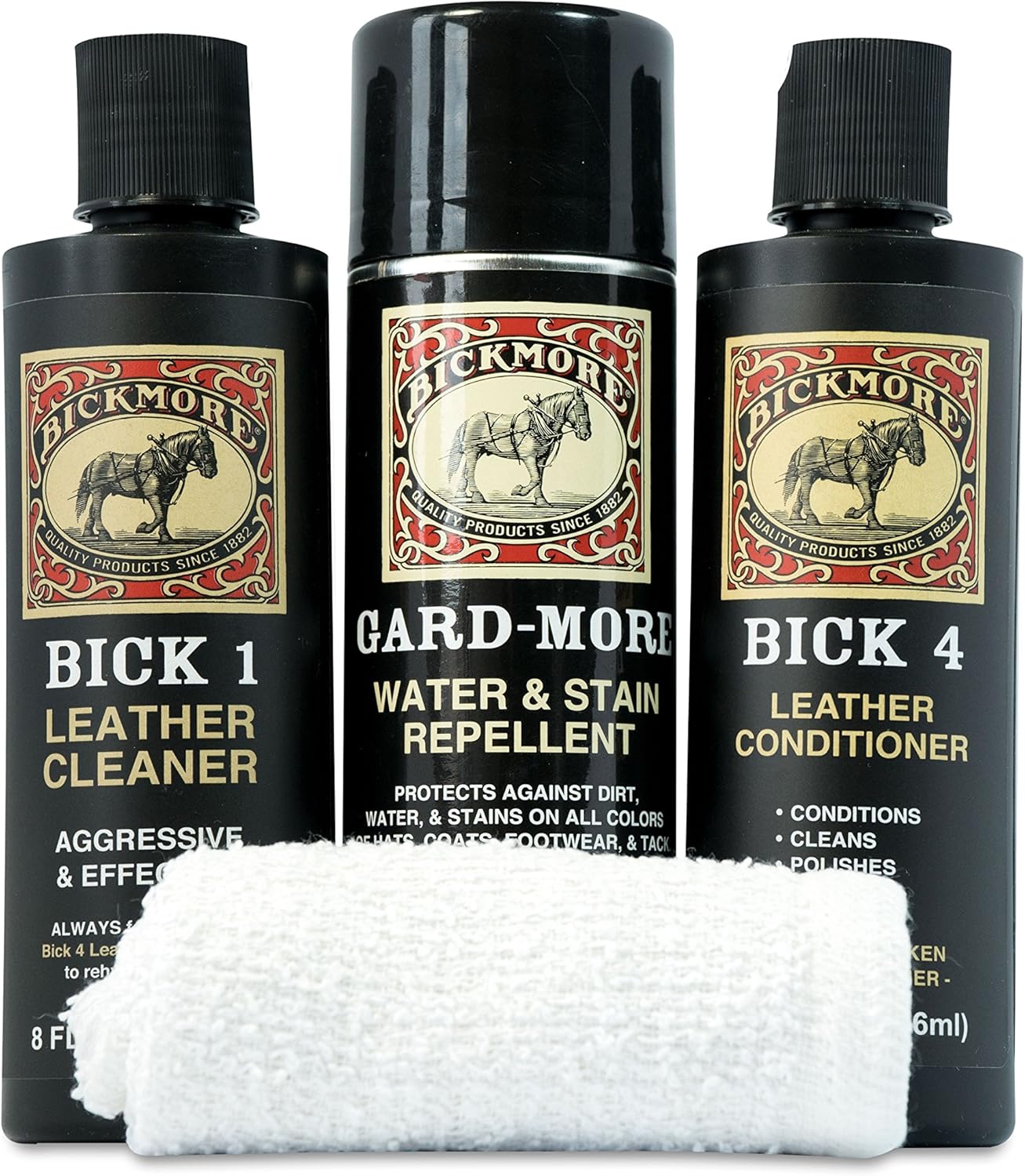 Leather Boot Care Kit - Bick 1 Cleaner, Bick 4 Conditioner, Gard-More Water Repellent Spray & Cloth - Made in USA - Shoe Care Set for Cowboy Boots, Work Boots, Furniture, Bags, Purses, Jackets, & Tack