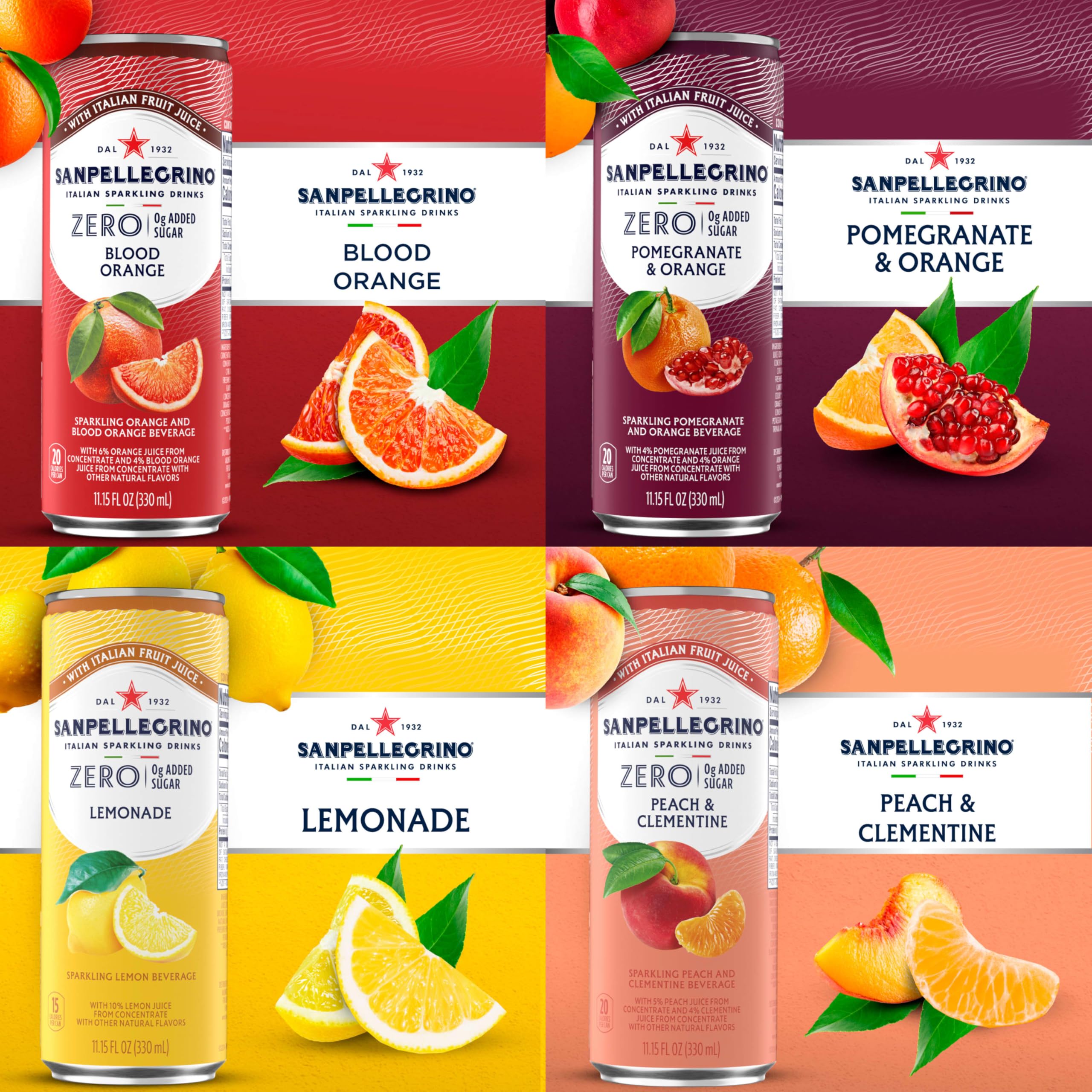 Sanpellegrino Zero Grams Added Sugar Pomegranate & Orange Italian Sparkling Drink, 24 Pack Of 11.15 Fl Oz Cans, Sanpellegrino Italian Sparkling Drinks, Low-Calorie Fruit Juice Beverages
