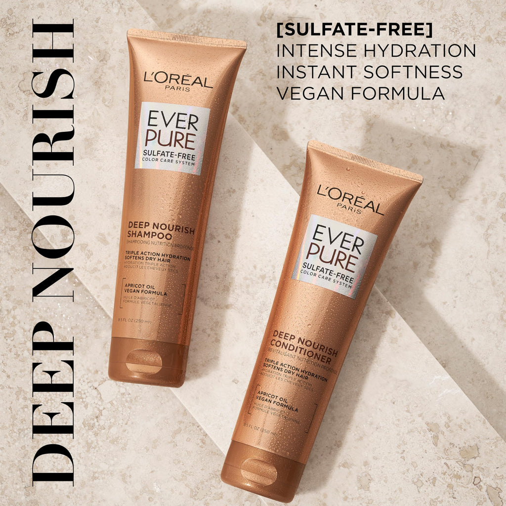 L'Oreal Paris Shampoo, Sulfate Free, Triple Action Hydration for Dry Hair, EverPure, 8.5 Fl Oz (Packaging May Vary), Damaged, Color-Treated Hair, Apricot Oil Infused, Deep Nourish